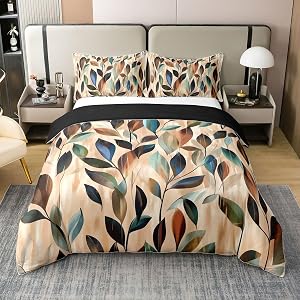 Erosebridal Leaves 100% Cotton Comforter Cover Queen Vibrant Floral Duvet Cover Boho Farmhouse Bedding Set Retro 70S Theme Bed Set 3 Pcs