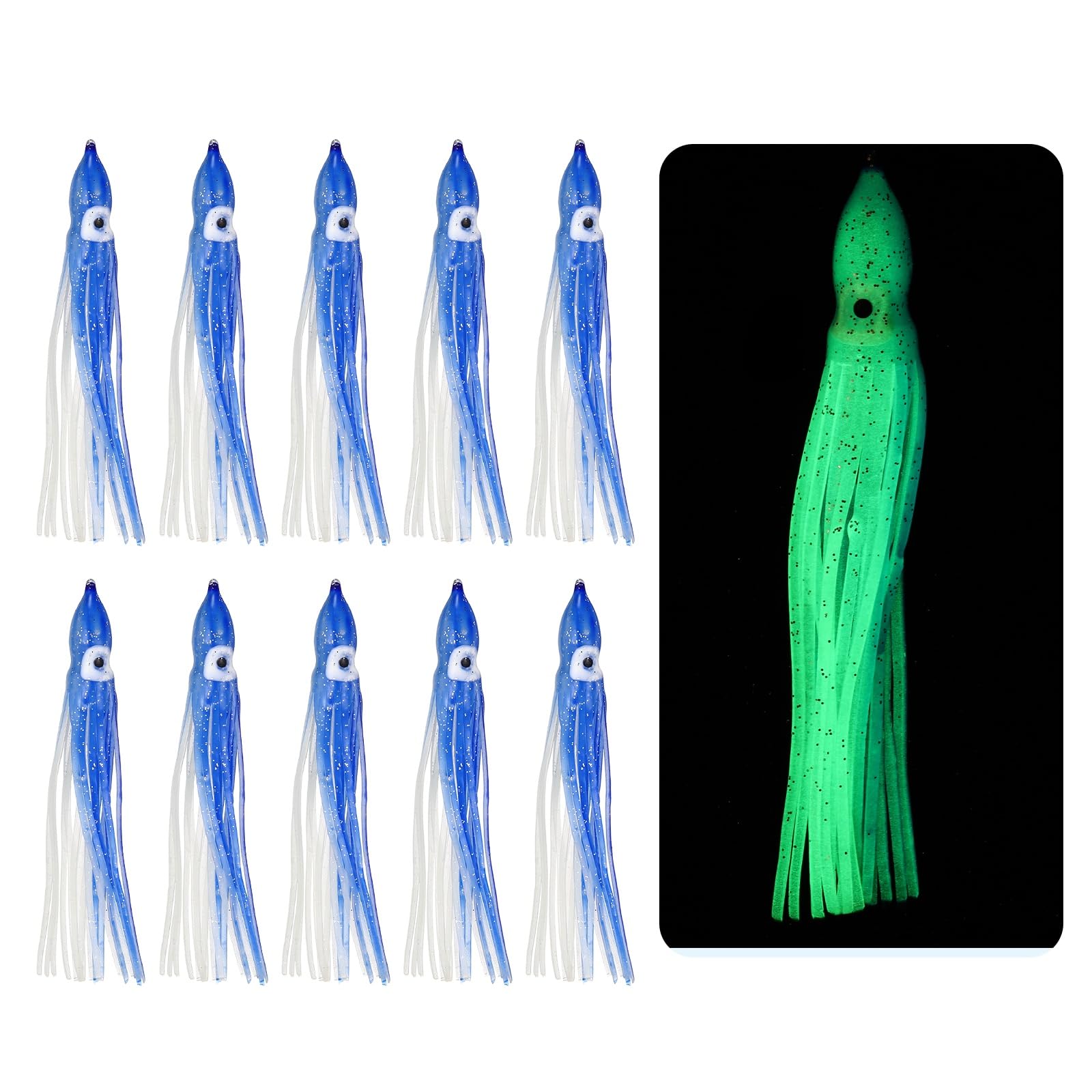 YELARXI Fishing Squid Skirts, Glow Soft Plastic Trolling Lures Luminous 5.9 x 0.6 Inch & 10 Pcs & Clear/Blue -Fitting for (Bass/Trout/Salmon/Saltwater/Fishing Bait)
