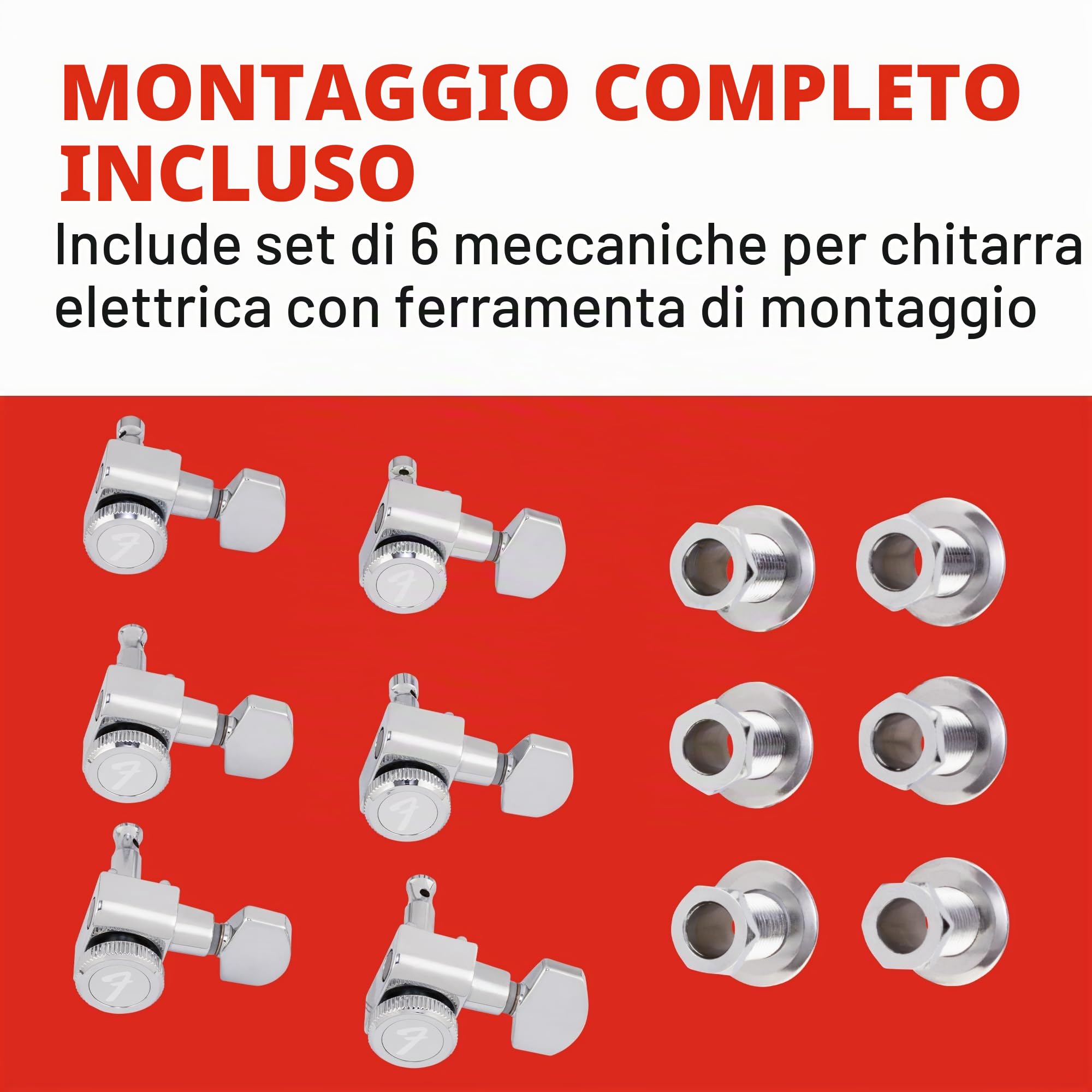 Fender Meccaniche Autobloccanti per Chitarra, Set da 6, Cromate, Stratocaster e Telecaster, Stile Moderno, Altezza Scalata, Accessori Inclusi