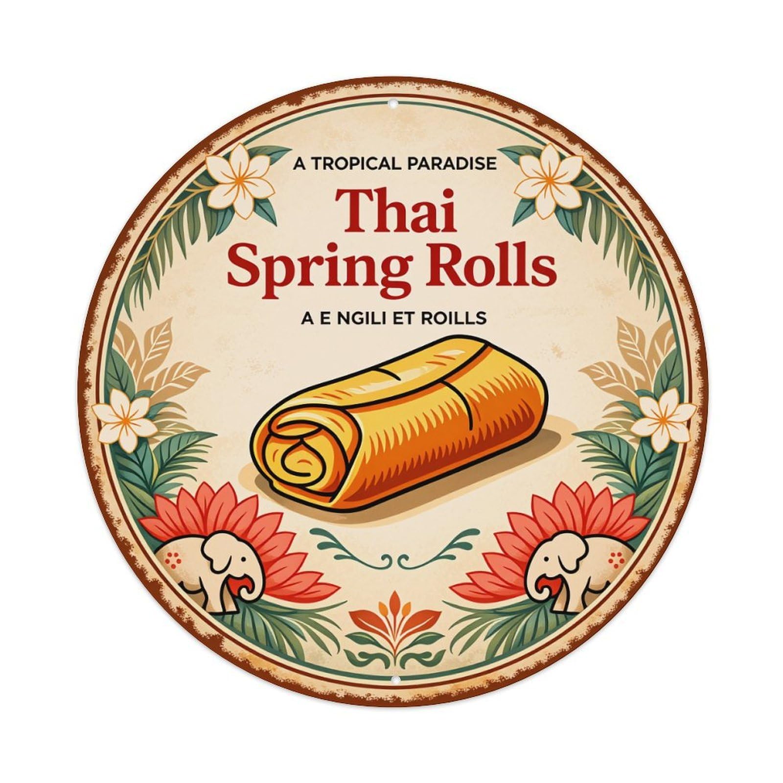 Tropical Flowers Elephants Spring Roll Round Metal Tin Sign Vintage Wall Decor, Bar Garage Cafe Kitchen Home Wall Art Poster 8x8inches