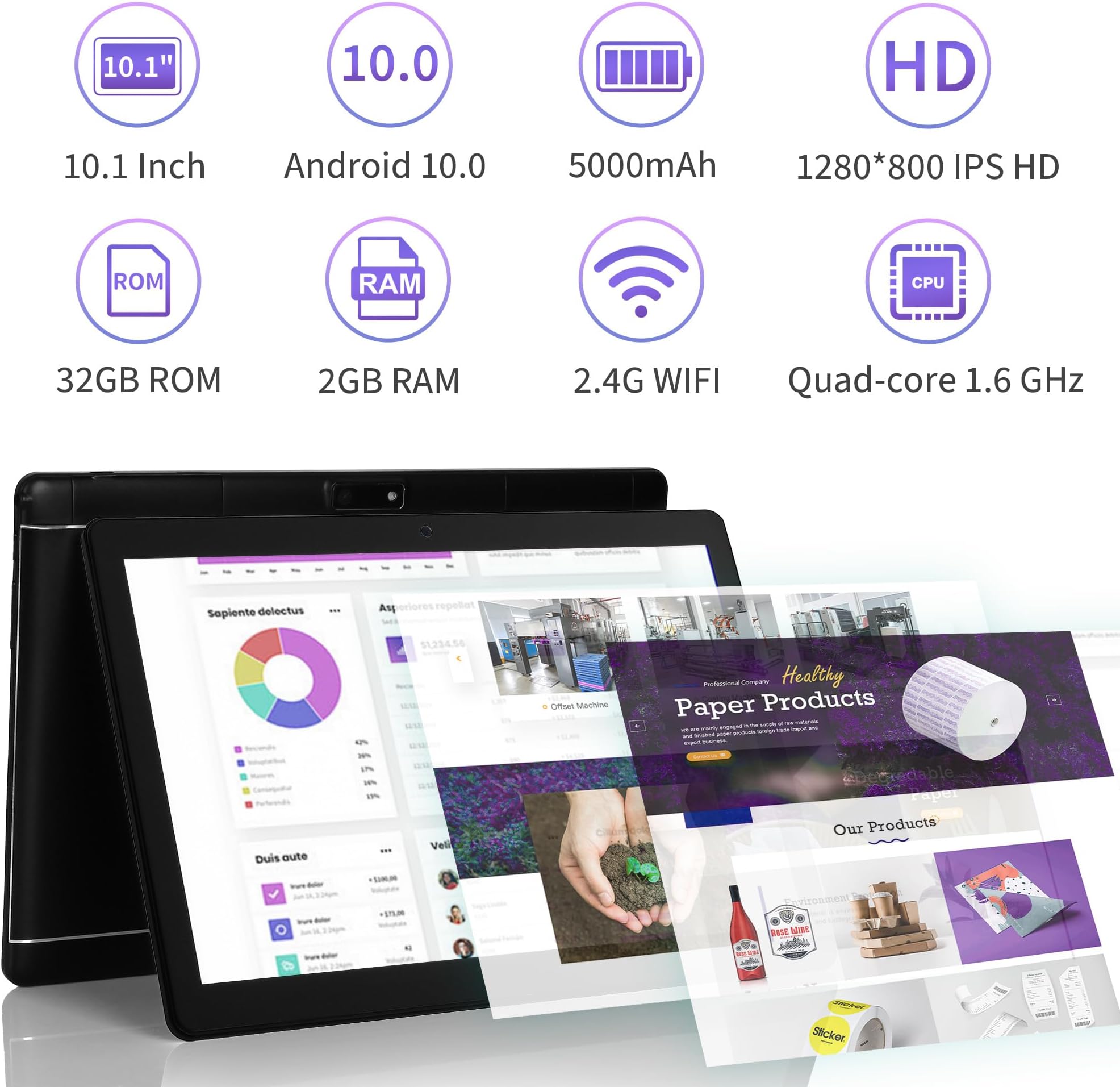 Veidoo Android Tablet 10 inch, 2 GB RAM 32 GB Tablets 10.1 IPS Touch Screen Quad-Core Dual Camera Bluetooth WiFi Tablet PC (Black)