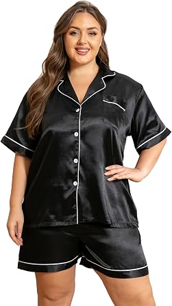 Vozanet Womens Short Sleeve Satin Pajama Sets Silky Ladies Button Down Loungewear Plus Size Nighty Shorts Sets XL to 5XL