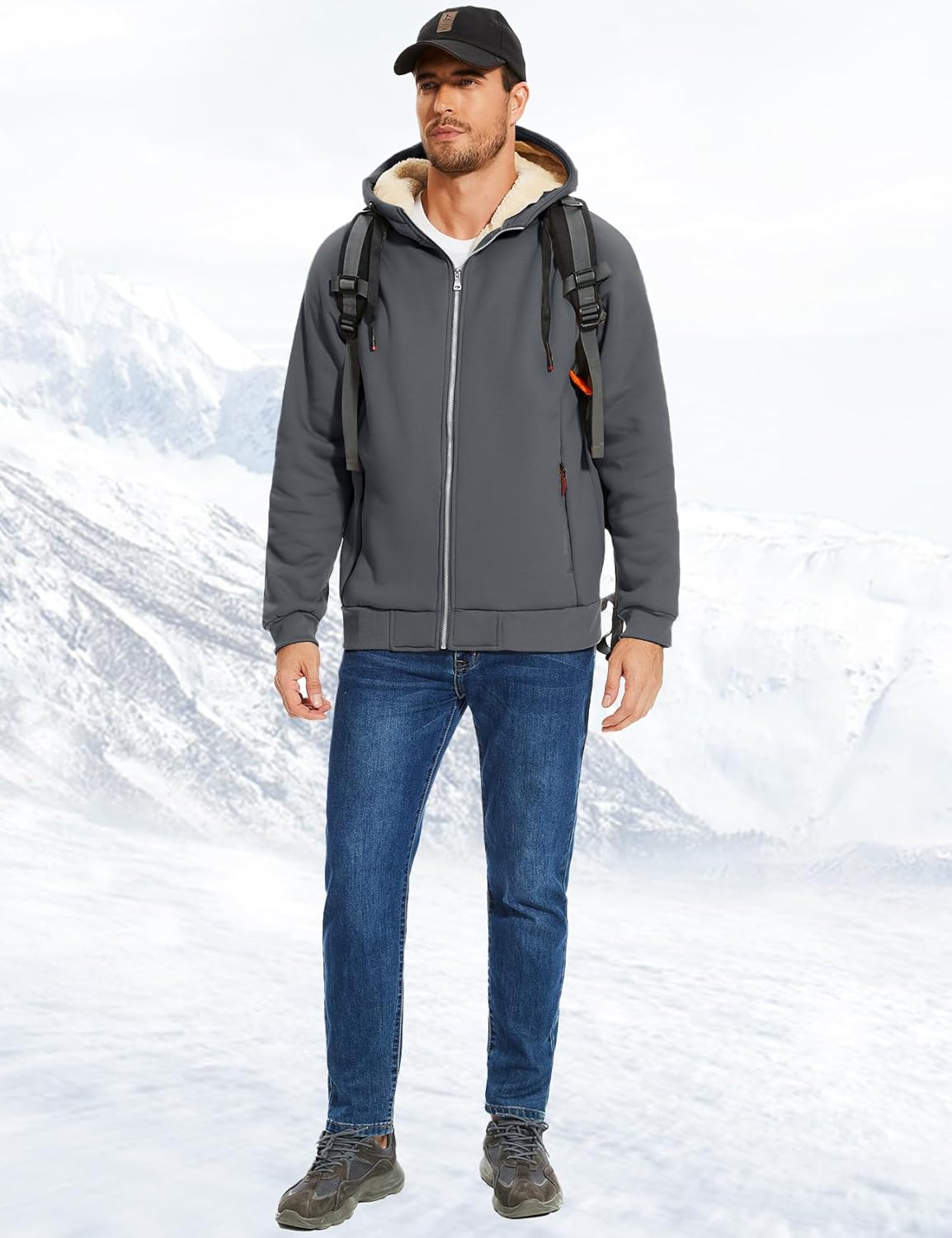 Flygo Sherpa Hoodies for Men Zip Up Winter Fleece Lined Hooded Sweatshirt Heavyweight Warm Jackets