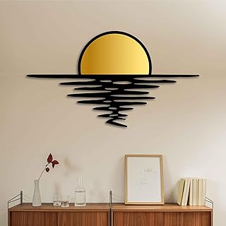 Wandkunst, Motiv: Sonnenuntergang, goldfarben und schwarz, Metall, abstrakter Sonnenaufgang, Heimdekoration, große Metall-Wanddekoration über dem Sofa oder über dem Bett, Hochzeitsgeschenk