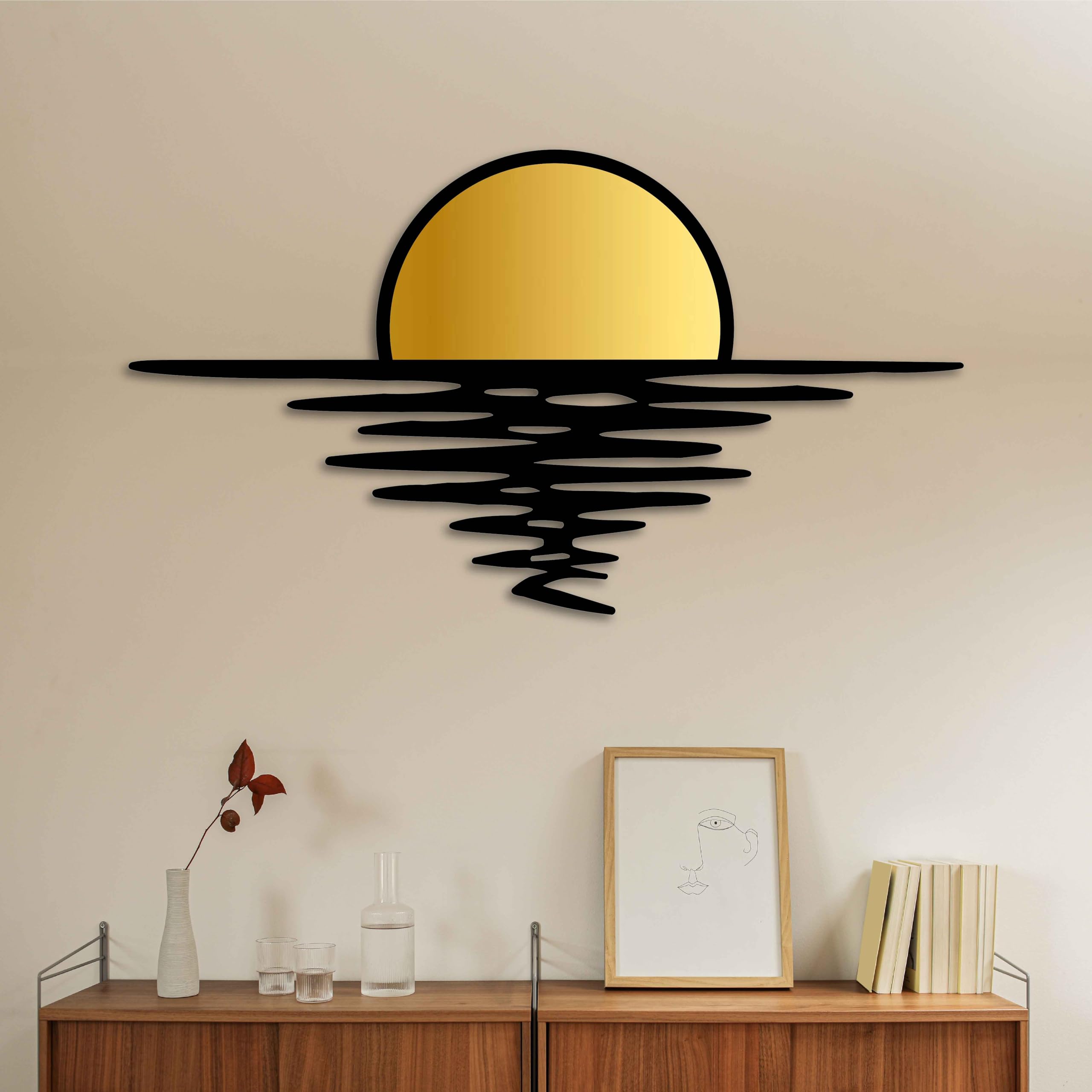Wandkunst, Motiv: Sonnenuntergang, goldfarben und schwarz, Metall, abstrakter Sonnenaufgang, Heimdekoration, große Metall-Wanddekoration über dem Sofa oder über dem Bett, Hochzeitsgeschenk