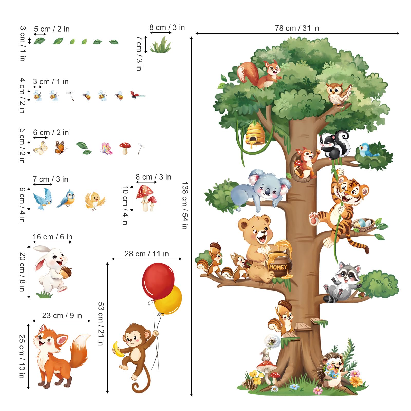decalmile Pegatinas de Pared Animales del Bosque Árbol Grande Vinilos Decorativos Animales Zorro Conejo Ardilla Adhesivos Pared Habitación Infantiles Niños Bebés Guardería