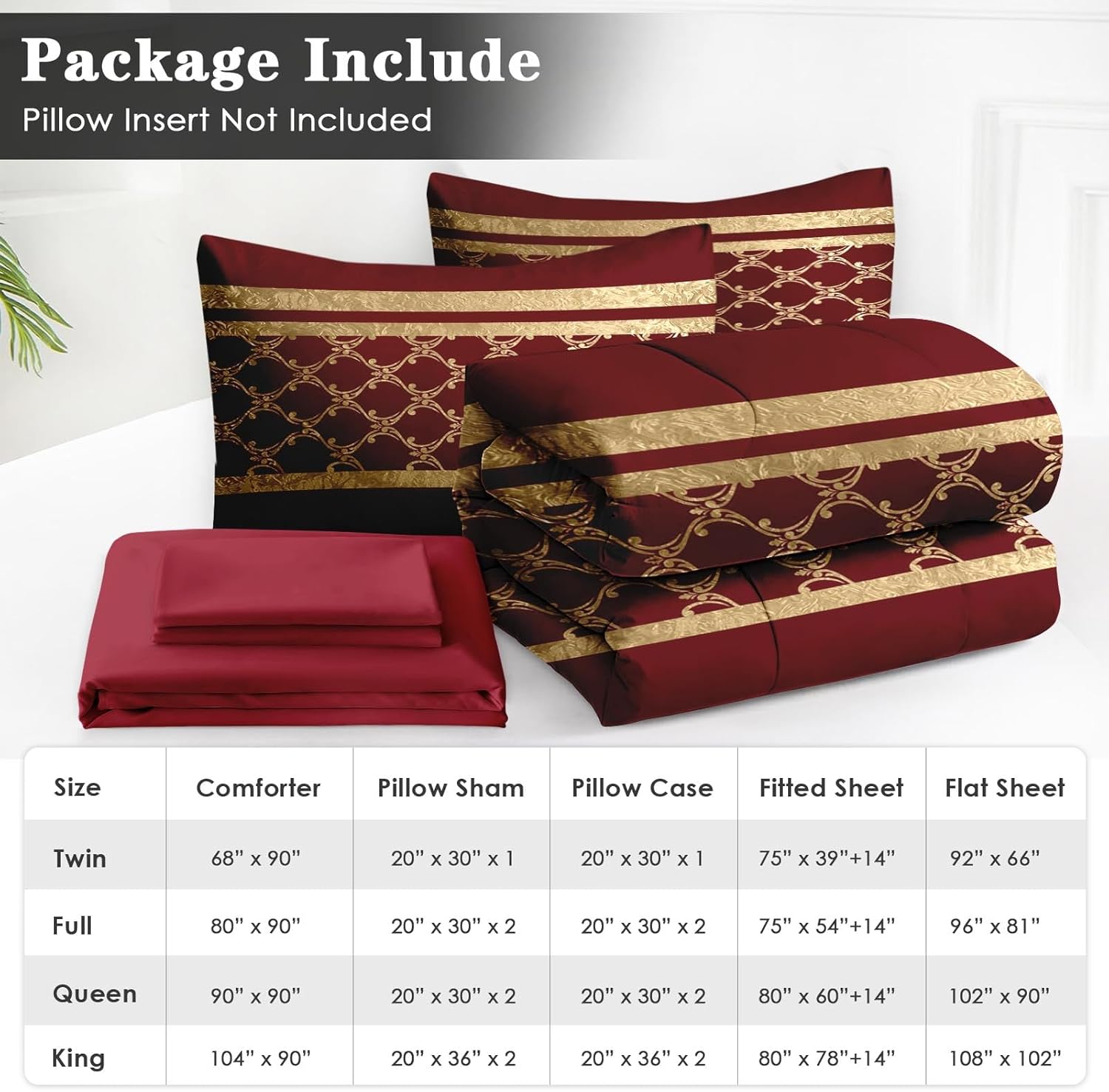WeCozy Queen Size Comforter Set with 2 Pillowcases & 2 Shams, Red Gold Geometric Luxury 7 Pcs Bedding Set for Kids and Adults, Folk Embroidery Ethnic Bed in a Bag with Flat Sheet and Fitted Sheet
