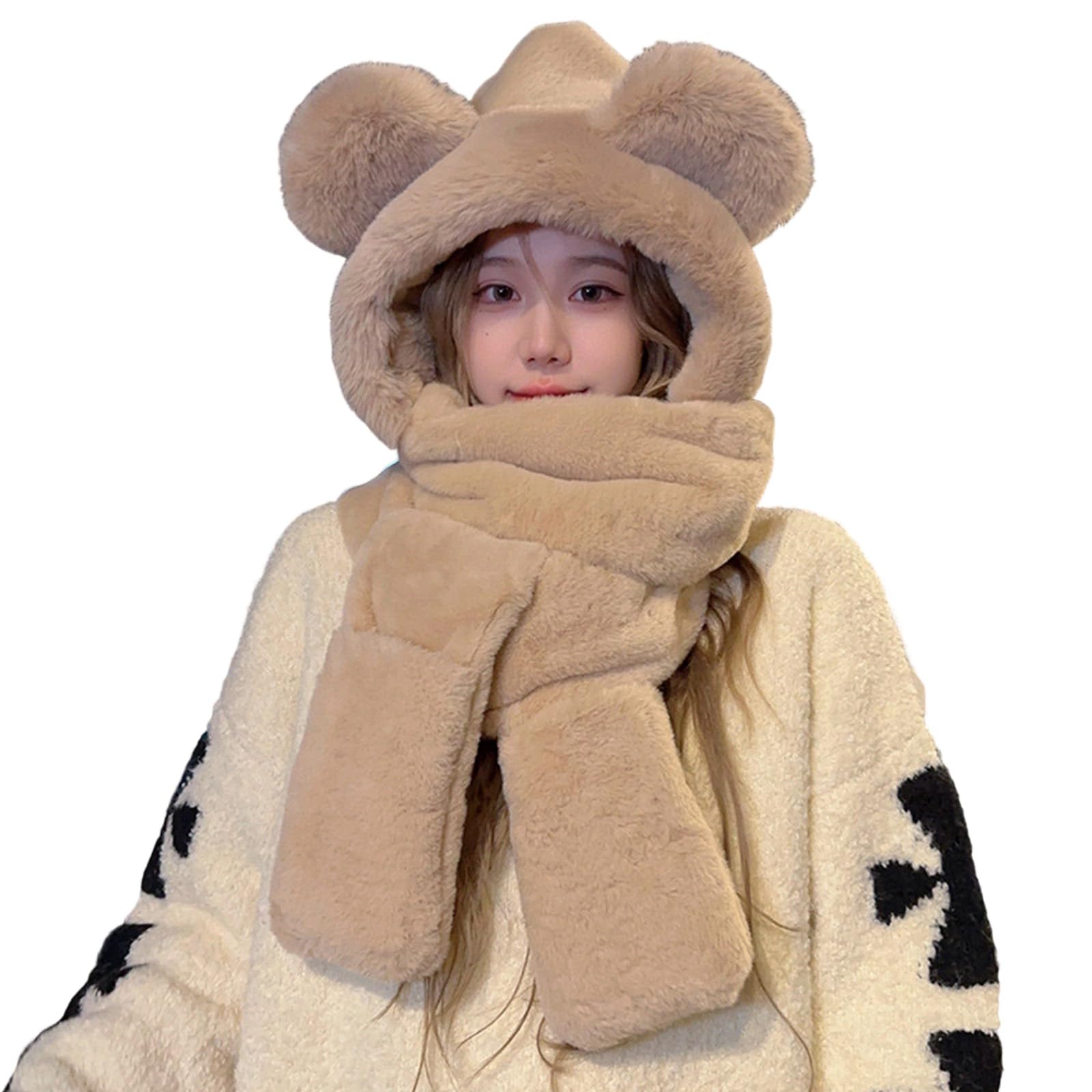 MICFENY Bear Trapper Hat Thicken Ushanka Hat Warm Gloves Winter Outdoor Costume Accessory Warm Oversized Hooded Scarf
