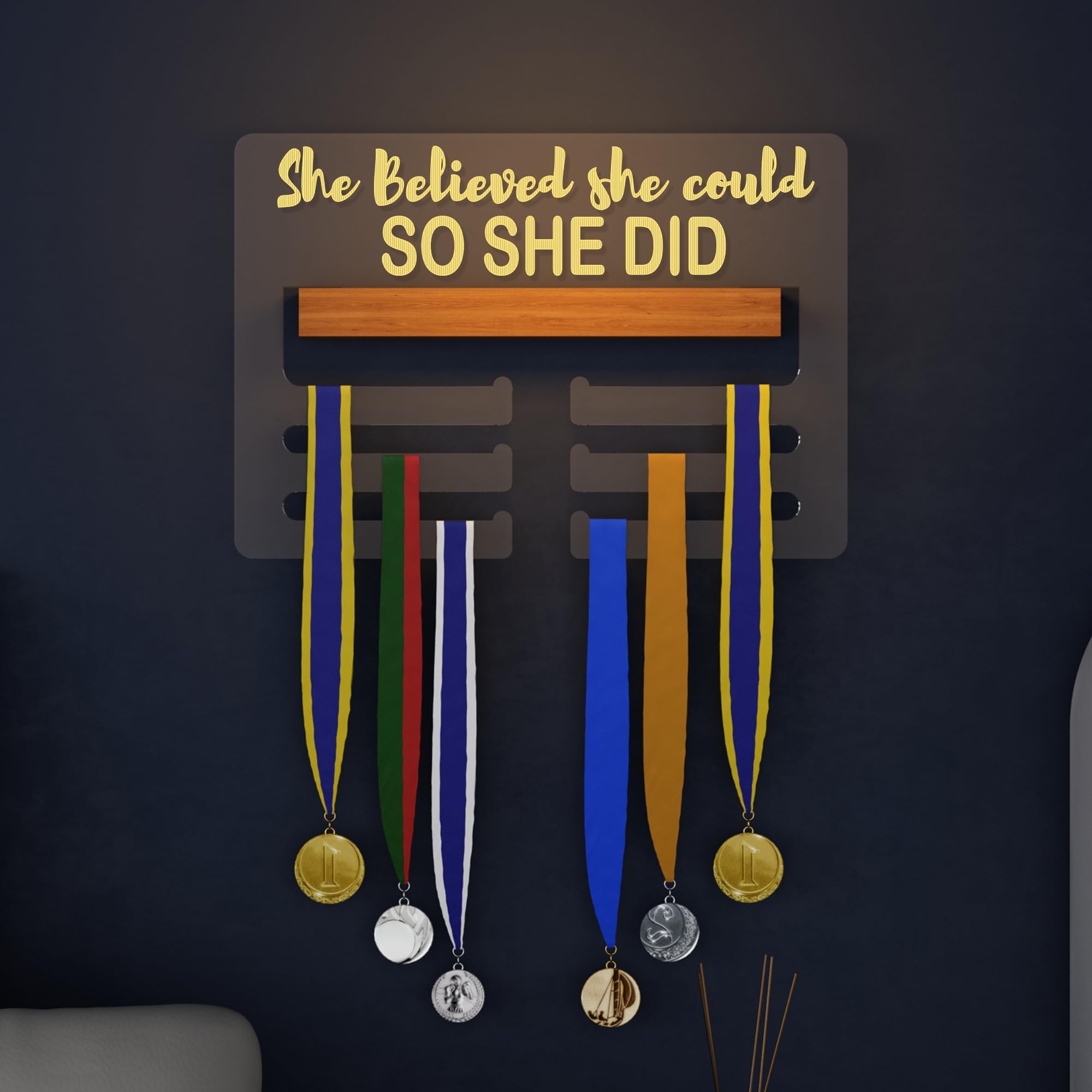Customized Light Up Medal Hanger Display, Sports Themed Ribbon Holder for Wall - Tiered Award Rack