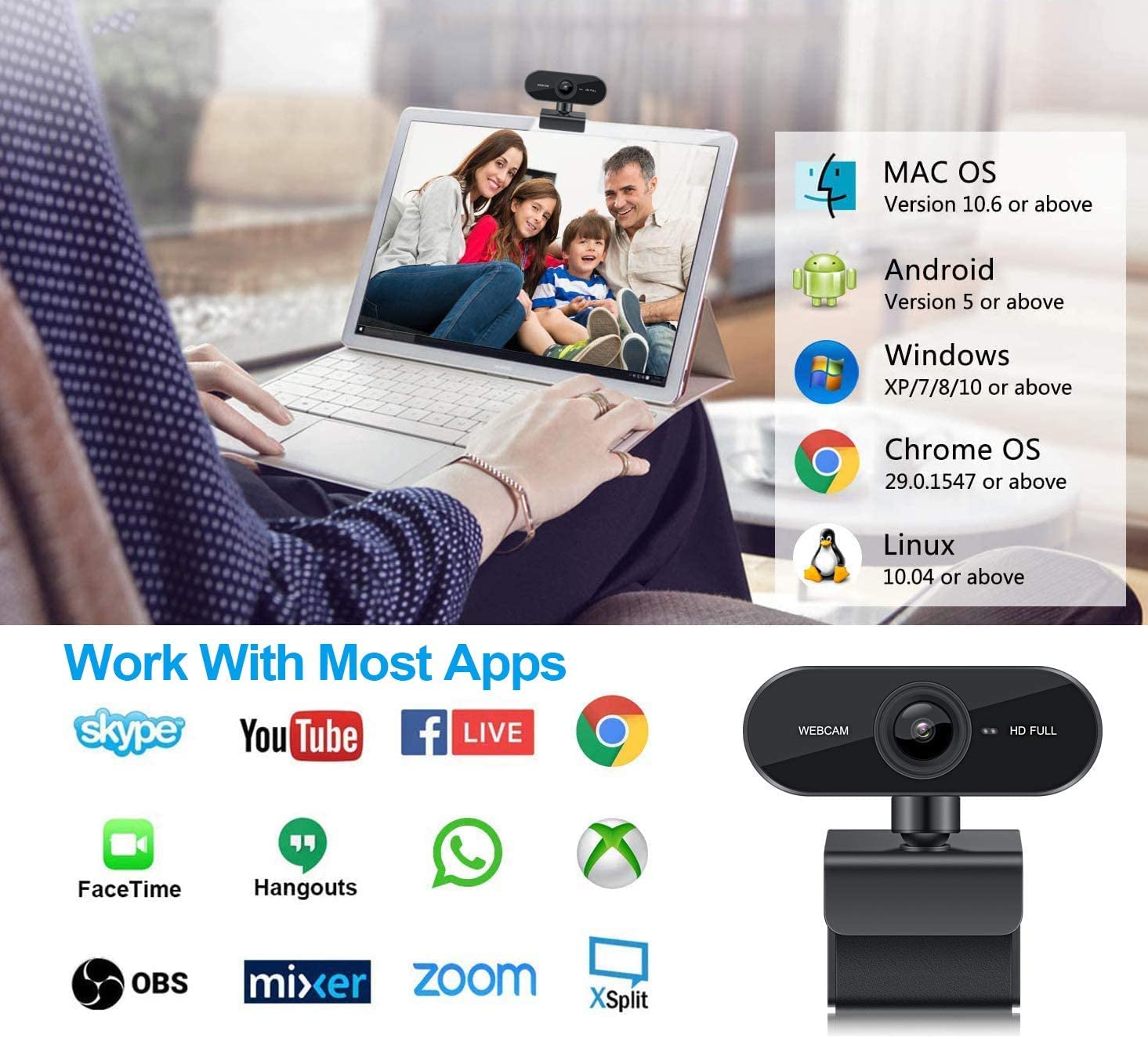 Webcam Neefeaer 1080P Full HD Con Microfono, Correzione Luce E Otturatore Privacy – USB Per PC, Laptop E Smart TV
