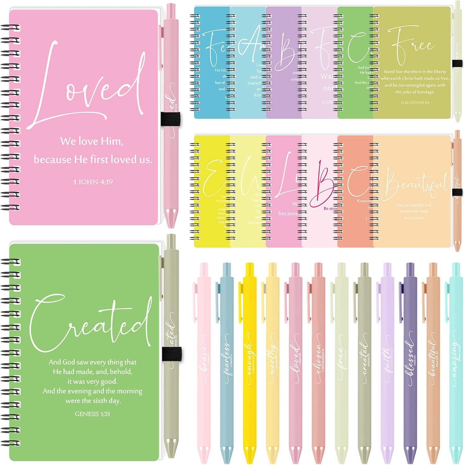 Kosiz 36 Sets Christian Gifts Bulk Inspirational Prayer Journals with Pens Gifts for Mother's Day A6 Spiral Bible Notebook Religious Gift for Women Men Church Members Bible Study Groups (Cute Color)