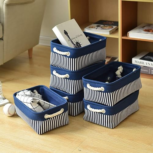 Vista 218 de Caja de almacenamiento para estantes, paquete de 6 canastas pequeñas de tela para organizar, cubos de almacenamiento plegables con asas para Blanco
