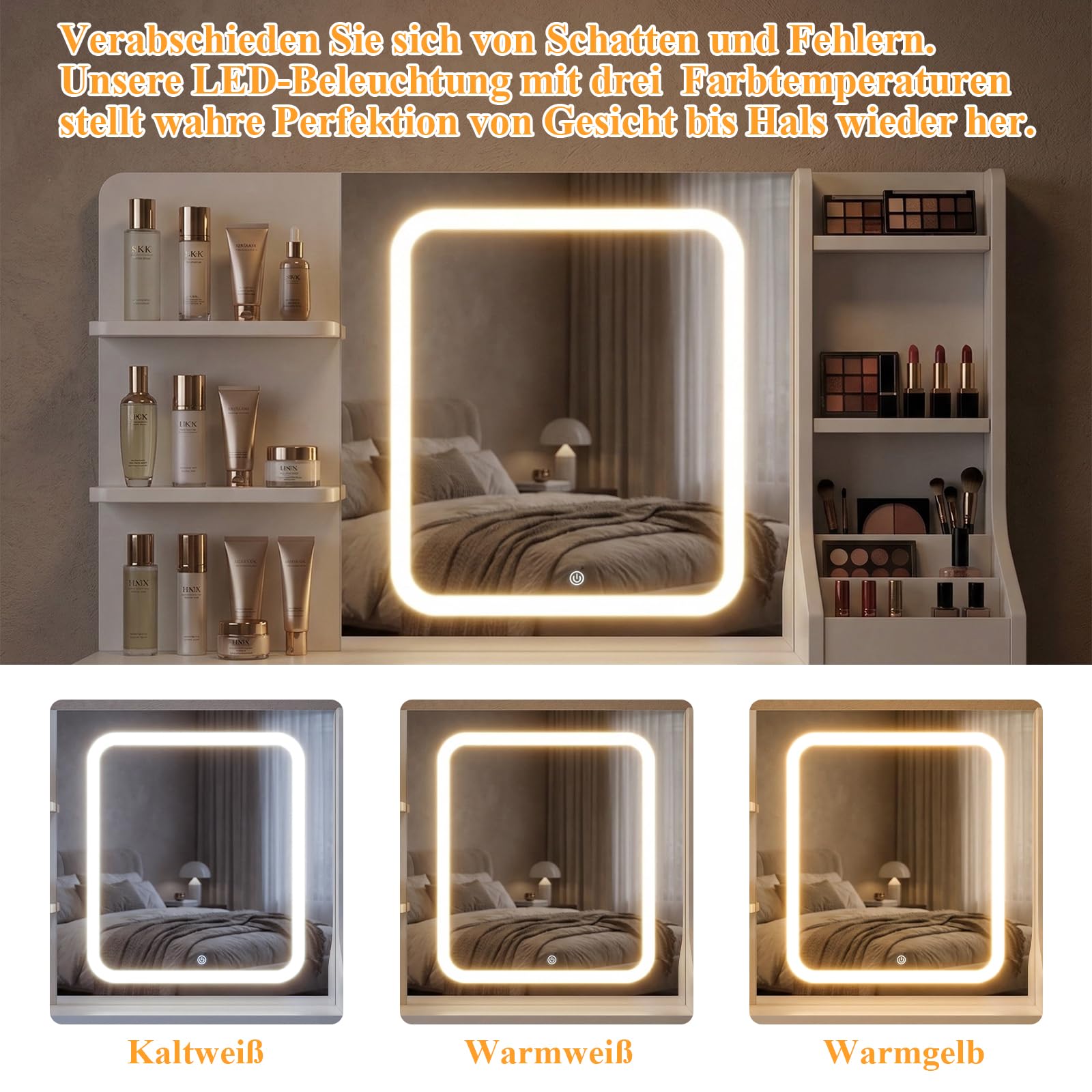 TRIUMPHKEY Schminktisch mit LED Beleuchtung,Einstellbarer Helligkeit,Frisiertisch mit Spiegel,Moderner Kosmetiktisch mit 7 Schubladen, 4 Ablagen und 3 offenen Fächern für das Schlafzimmer(Weiß)