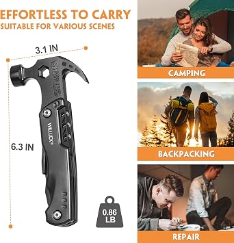 Gifts for Men Dad Husband - Birthday Gifts for Man, Stocking Stuffers for Men - Mens Stocking Stuffers, Christmas Man Gift Ideas - Hammer Presents for Camping, Hiking, Groomsmen Gift, Multitool