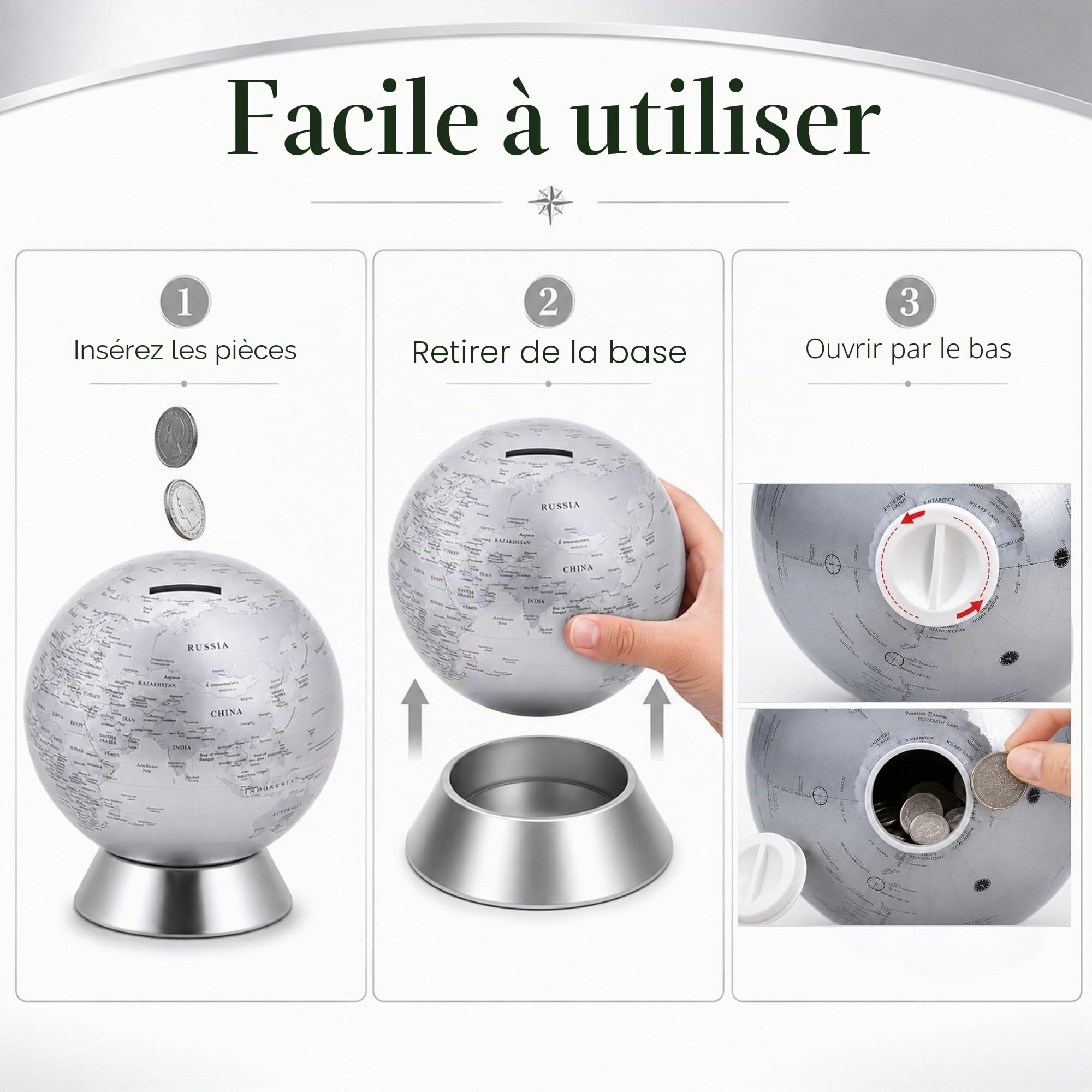 Exerz Globe Terrestre Tirelire diamètre 16cm - Carte du Monde en Anglais - Contemporain en métal - Argent
