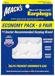 Mack’s Pillow Soft Silicone Earplugs – 8 Pair, Economy Pack – The Original Moldable Silicone Putty Ear Plugs for Sleeping, Snoring, Swimming, Travel, Concerts and Studying