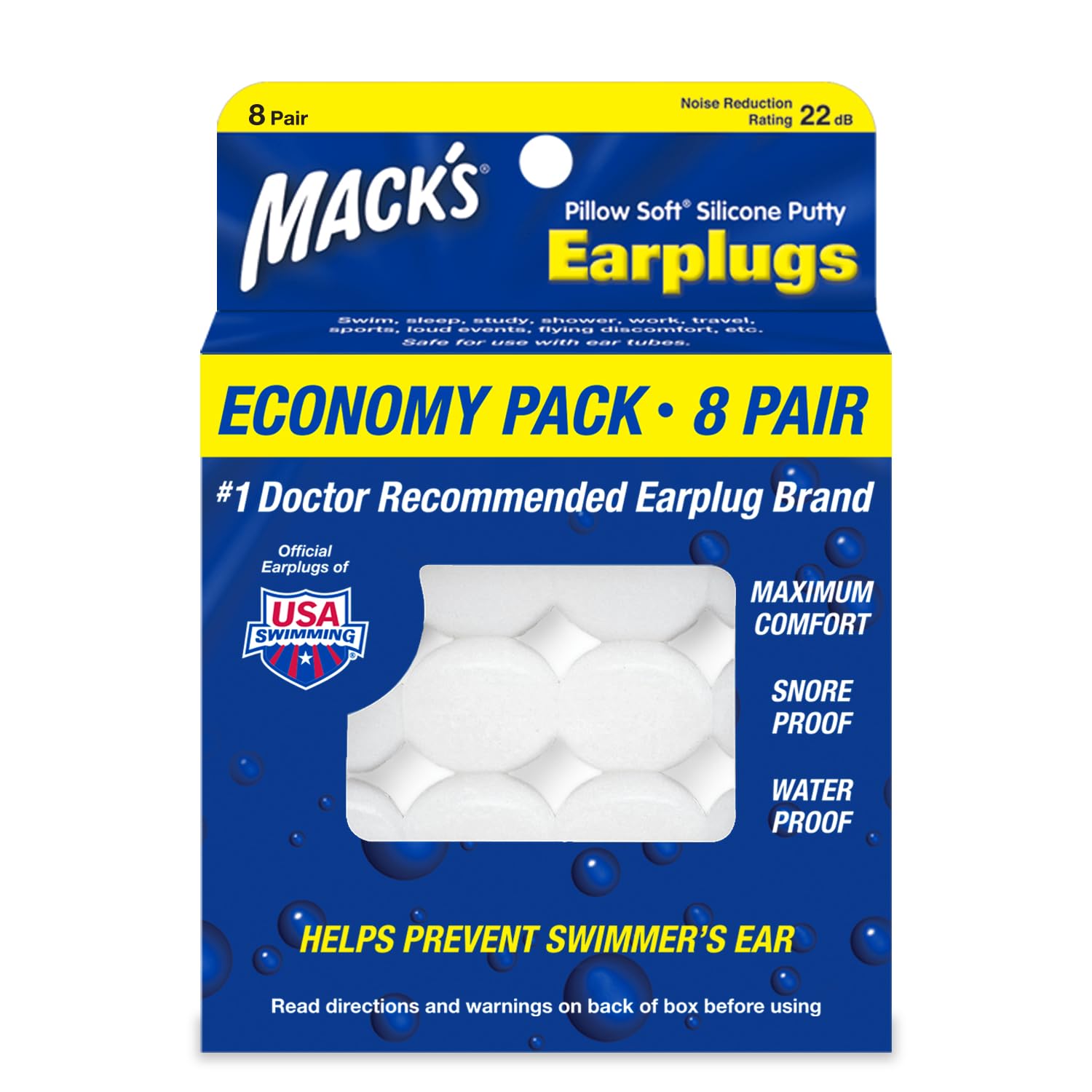 Macks Pillow Soft Silicone Earplugs 8 Pair - The Original Moldable Silicone Putty Ear Plugs for Sleeping Snoring
