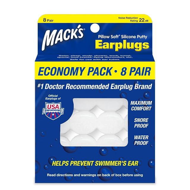 Macks Pillow Soft Silicone Earplugs 8 Pair - The Original Moldable Silicone Putty Ear Plugs for Sleeping Snoring