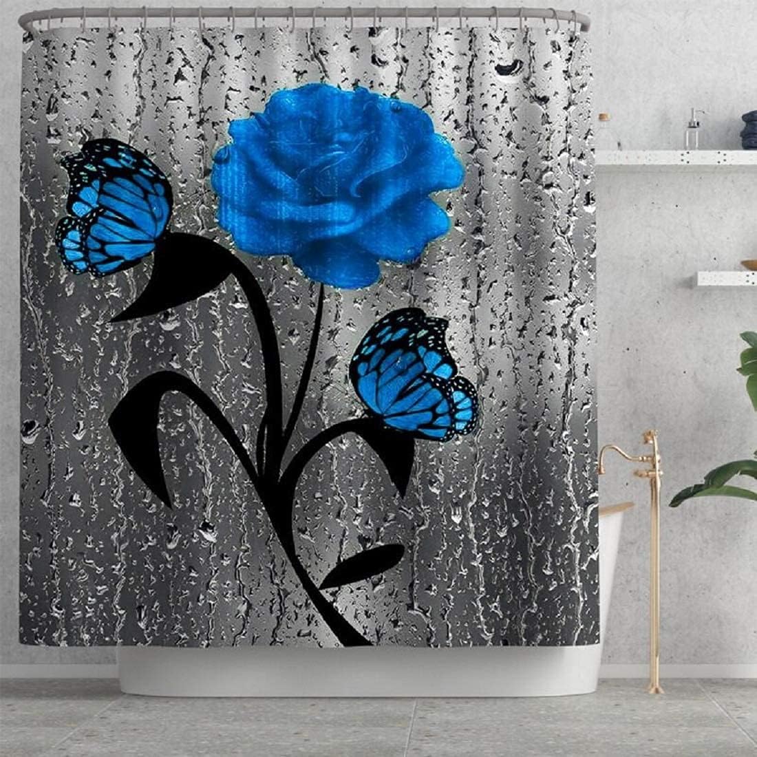 JIANGLANY Blue Rose and Butterfly Floral Pattern 3D Shower Curtain Set 4 Pieces for Bathroom Decor Fabric Curtain with Rugs and Bath Mat Accessories 1 - Image 4