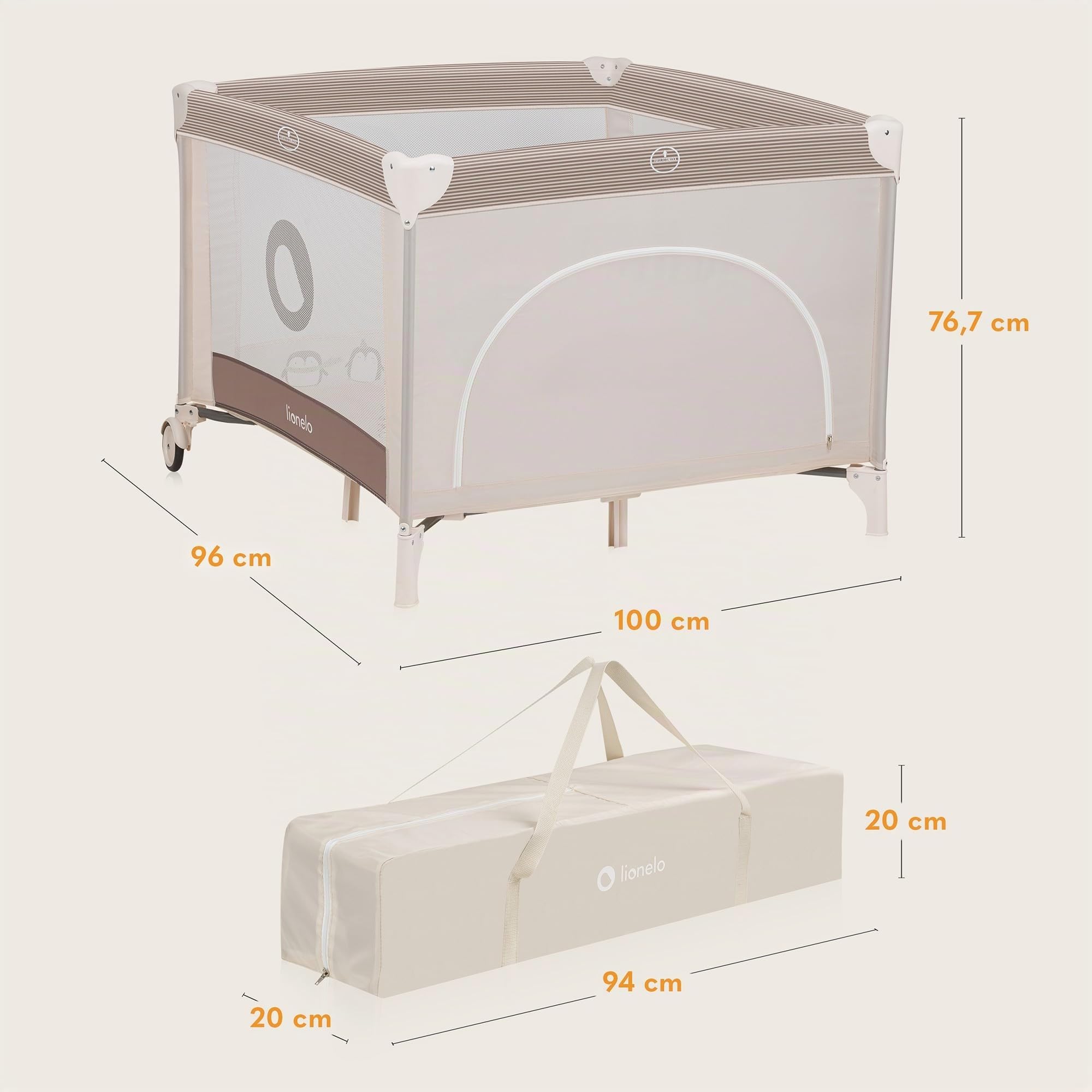 LIONELO BONNIE Parc Bébé jusqu'à 15 kg, de la Naissance à 36 mois, Accès Latéral Zippé, Filets Latéraux Aérés, Pliage Rapide, Roues Freinées, Sac de Transport (Beige)