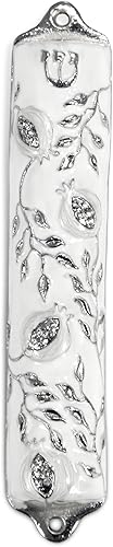 Funda para mezuzah – Funda de mezuzá, diseño de árbol de granada hecha a mano en peltre, Jerusalén Judaica, funda de mezuza de puerta de 4 pulgadas,