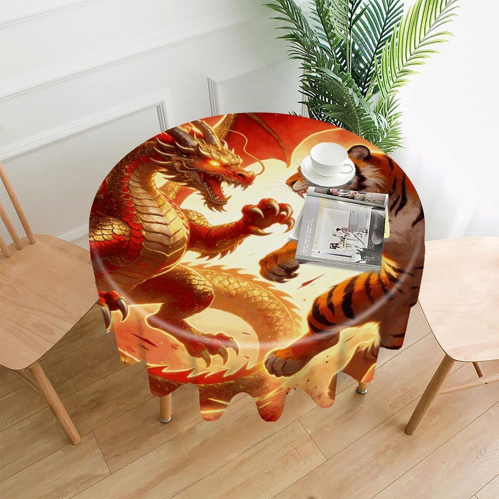 VstaDank Dragon Versus Tiger Tablecloth Easy to Clean Polyester Round Table Cover Washable Round Table Cloth Wrinkle-Free Circle Decoration Tablecloth for Kitchen Dining Room 60"