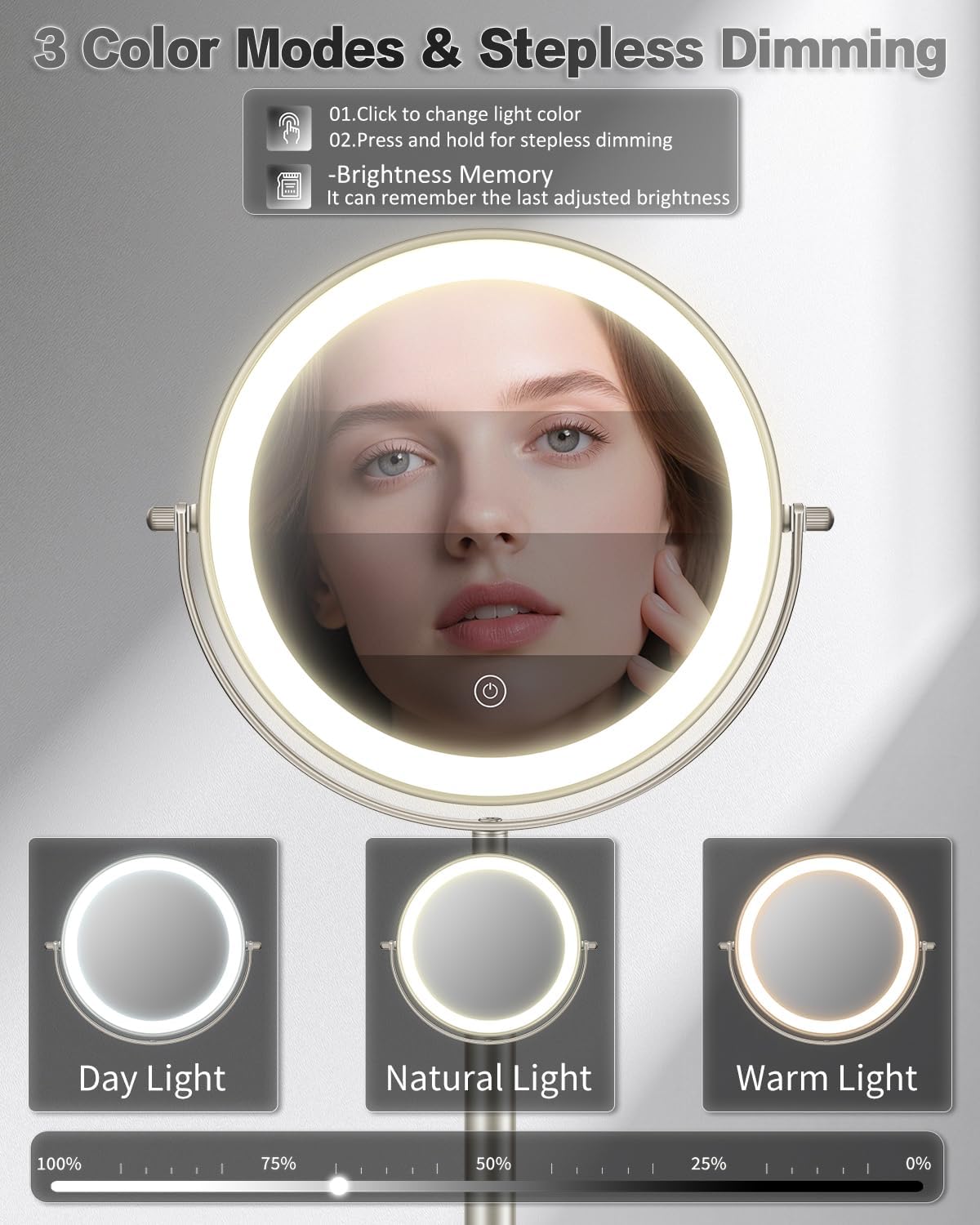 VFD 30X/1X Makeup Mirror with Lights, Height Adjustable Lighted Magnifying Vanity Mirror with 3 Lighting and Adjustable Brightness, 3000mAh Rechargeable Double Sided Switch for Desk Women Gift