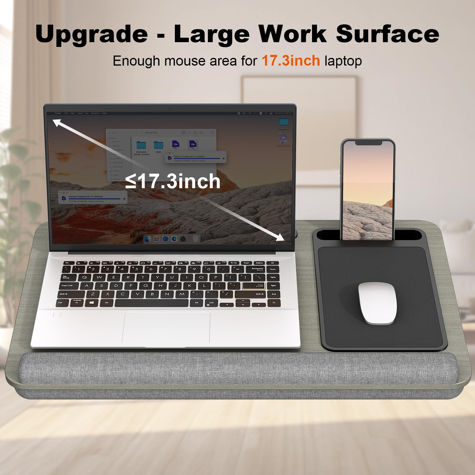 PUTORSEN Poduszka laptopowa 17,3" regulowana wysokość z uchwytem, Szary | Regulacja wysokości 7-11,5cm, podpórka, uchwyt na telefon/tablet, lekki z rączką, stabilny na łóżku i sofie