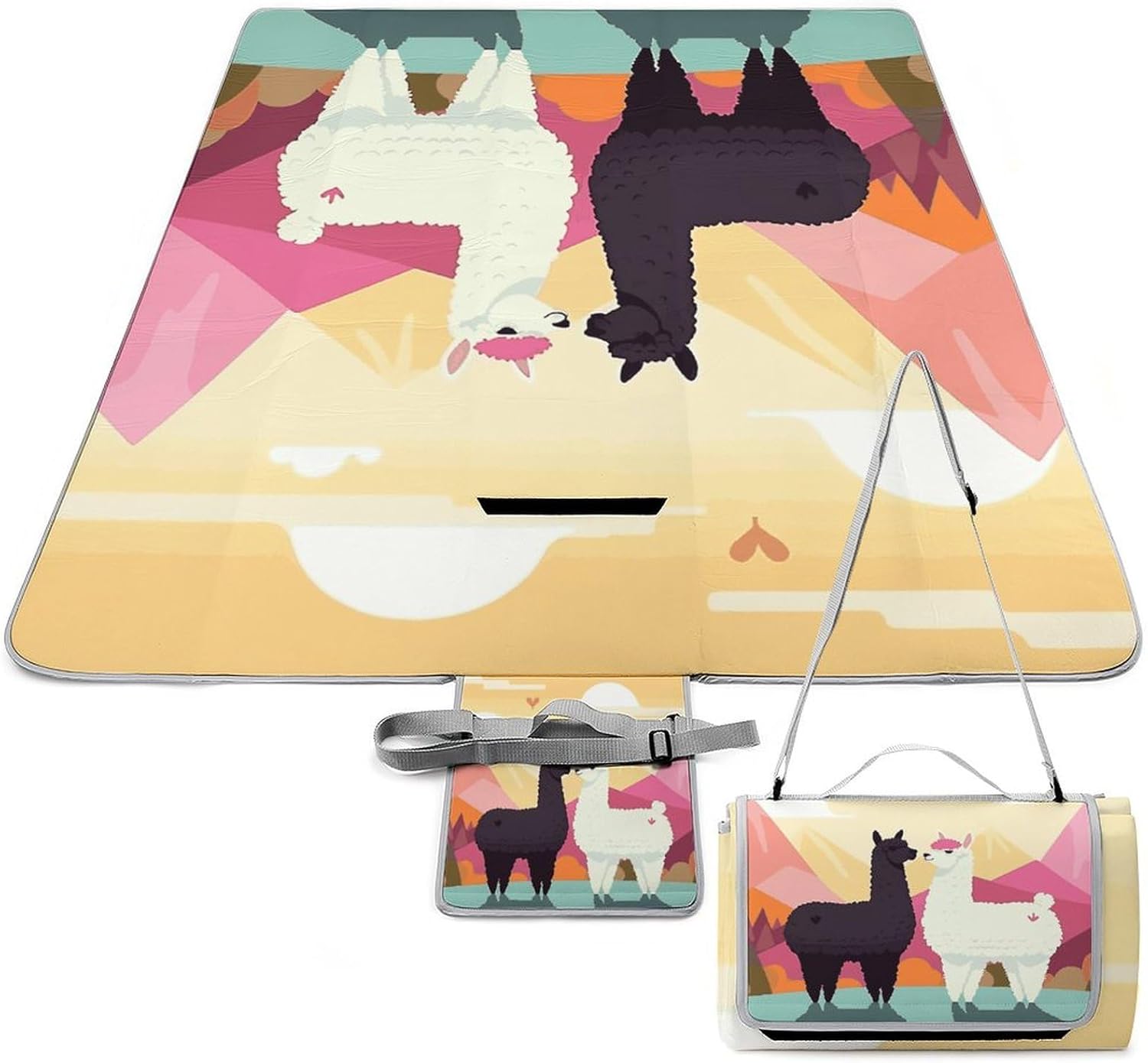Alpacas in Love in The Mountains Waterproof Picnic Blanket 58.3''x58.3'',Portable and Foldable Picnic Mat with Handle,Outdoor Blankets for Lawn Park Beach Travel