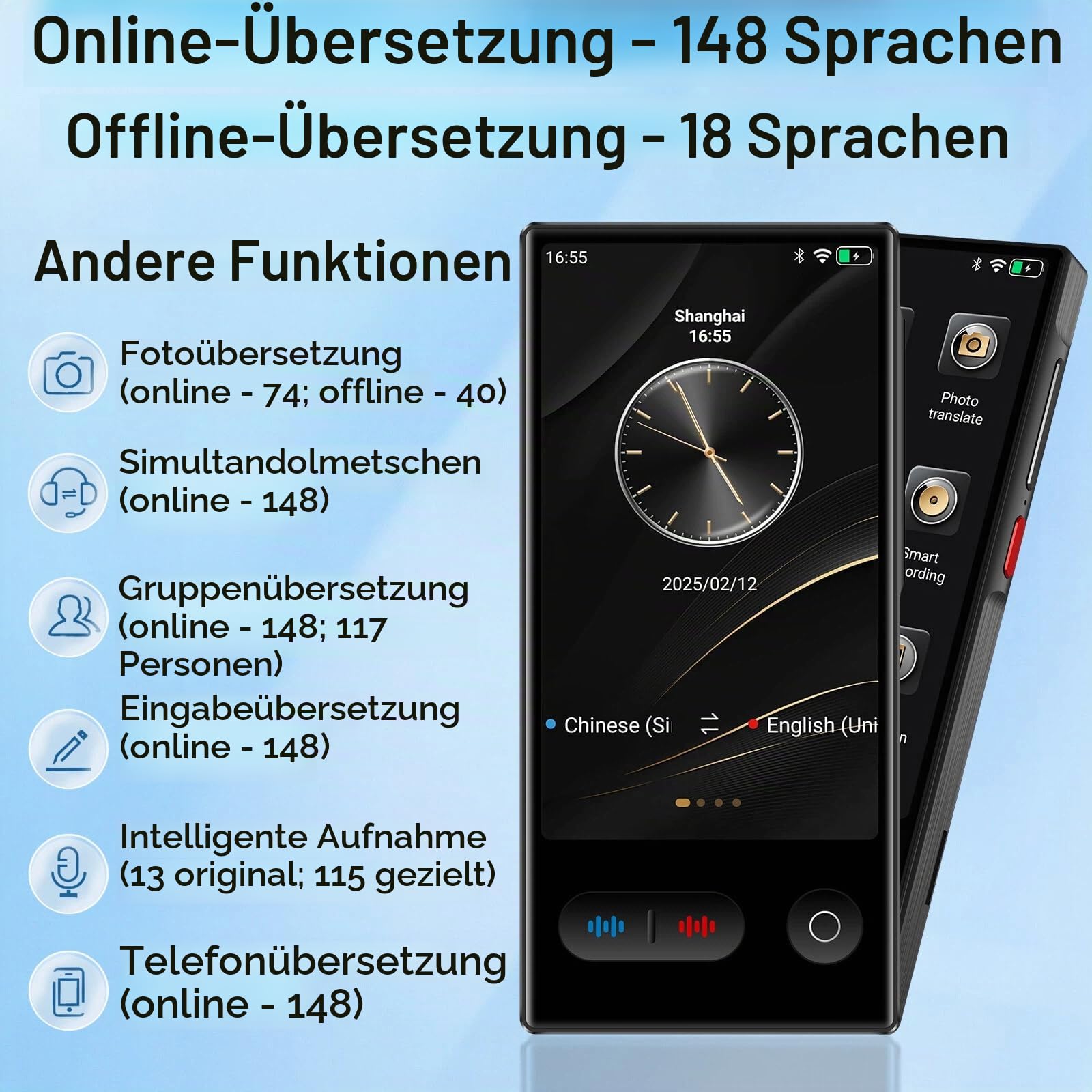 Sprachübersetzer Ohne Internet, Tragbar KI Übersetzer mit 148 Sprachen und Deutsch Offline, Langlebig Übersetzungsgerät von Fotoübersetzung mit 1500 mAh Akku für Reisen Business Lernen