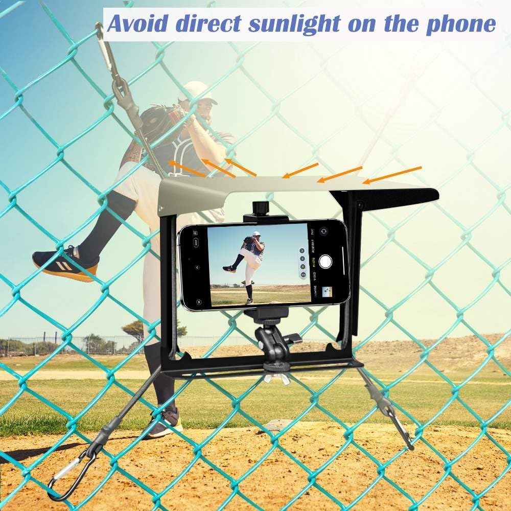 Cell Phone Fence Mount with Shade, Phones Holder Mounting Kit for iPhone, Mevo Start, GoPro and Other Action Cameras, for Recording Baseball, Hockey, Softball and Tennis Games (Black)