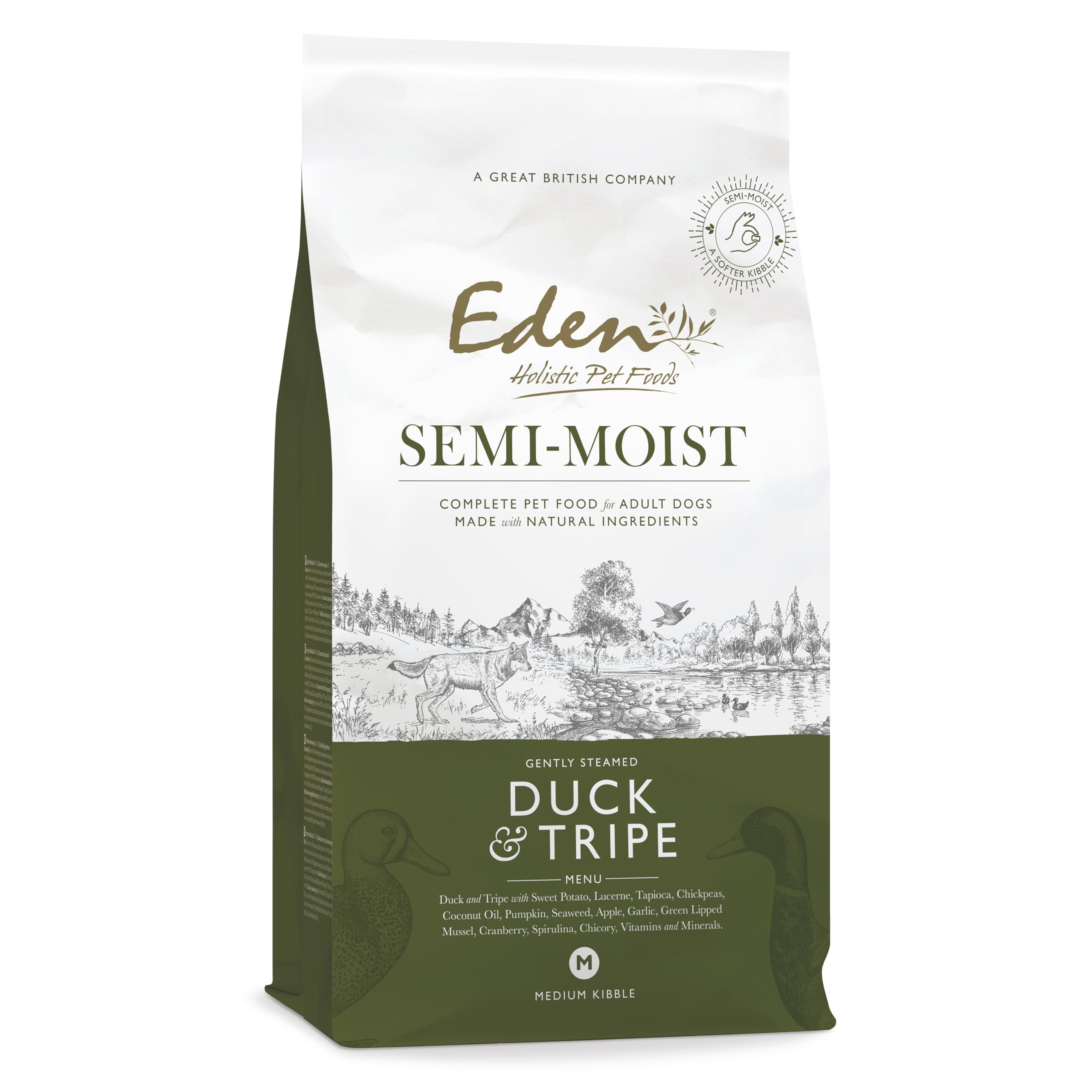 Eden Semi-Moist Duck & Tripe 10kg Kibble. Complete Premium Dry Dog Food for Adult & Senior Dogs. Soft kibble, great for fussy dogs, 60/40 Recipe, includes superfoods: Spirulina, green-lipped mussel