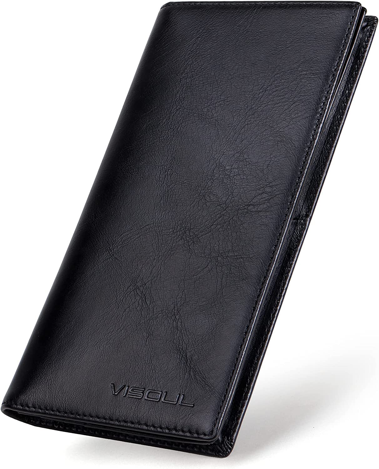 VISOUL Portefeuille Homme en Cuir Véritable, Portefeuille Long à Deux Volets en Cuir avec Blocage RFID, Porte Chéquier avec 3 Compartiment à Billets et 12 Emplacements pour Cartes (Noir)