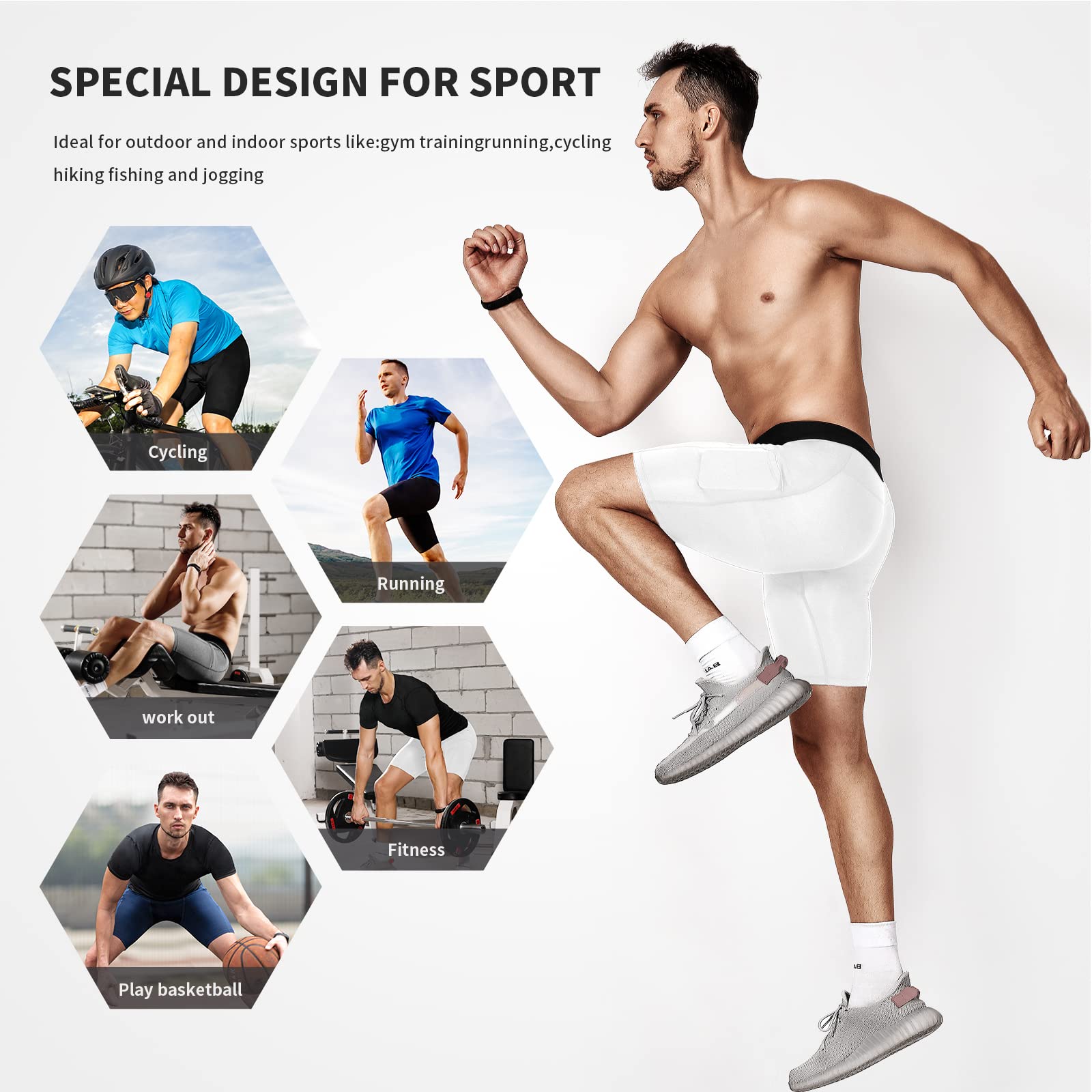 Niksa Lot de 3 shorts de compression pour homme, short de sport avec poches, short de course à pied, entraînement et fitness, Blanc, gris, bleu marine, Taille L