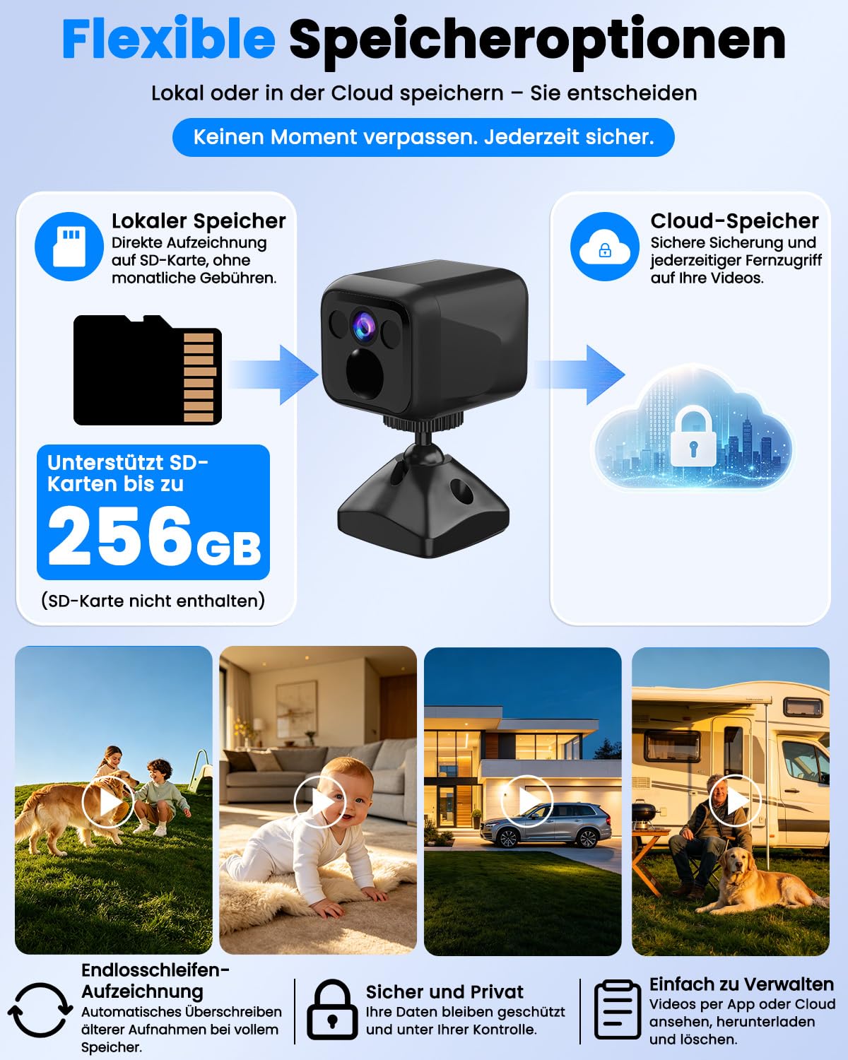 Mini Kamera Überwachungskamera Innen Ohne Wlan, WiFi & AP Hotspot, Kamera Überwachung Außenbereich Akku, 160 Tage Standby, Weitwinkel, Nachtsicht, Kabelloses Kamera für Haus/Haustier, Tiefschwarz