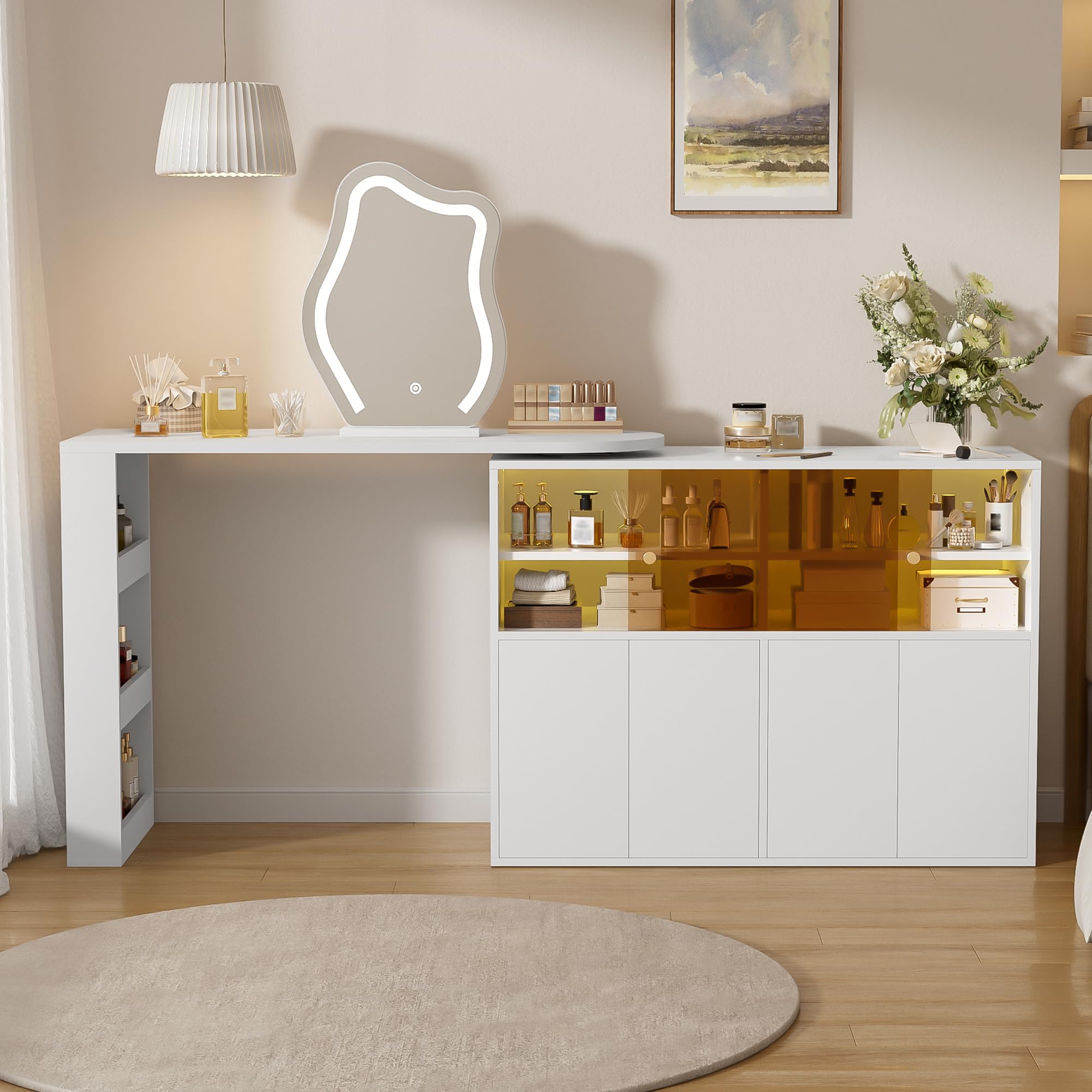 Coiffeuse LED rotative Blanche Miroir, Bureau 2 en 1, 100x40x80 cm