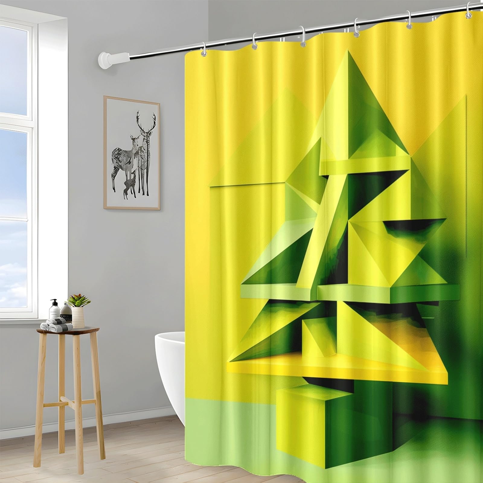 Tenda Doccia Geometrico Giallo Verde Tenda Doccia Antimuffa Impermeabile Poliestere Lavabile con 12 Ganci Facile da Installare Tende Finestra Bagno per Dormitorio Hotel(180x220cm)
