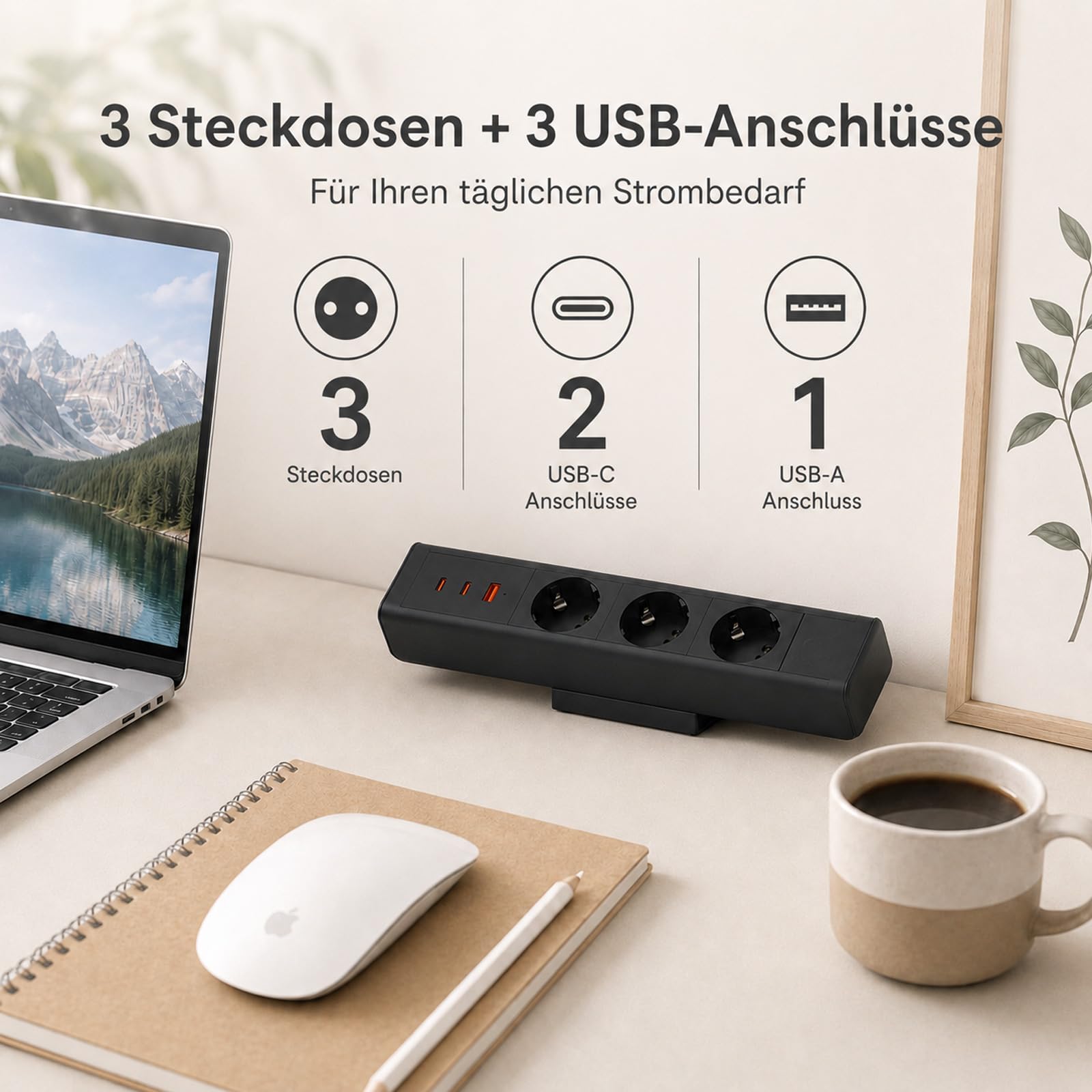 Tischsteckdose mit 65W USB C, Haiaoyyds Steckdosenleiste Schreibtisch mit 3 Steckdosen, 1,8M Kabel, Überlastschutz, Schreibtisch Steckdose für Zuhause & Büro, Schwarz