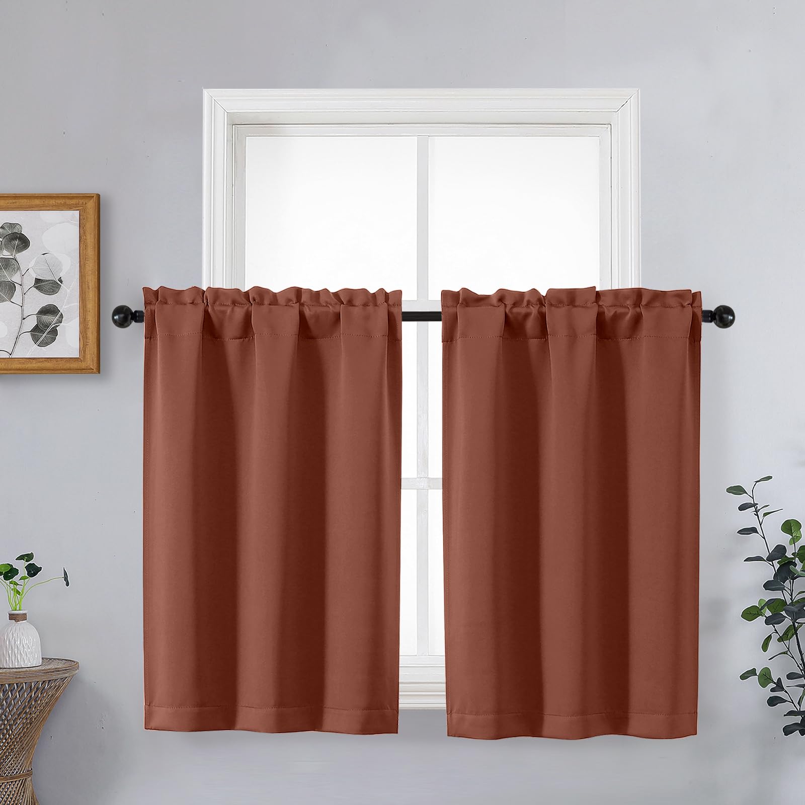 OVZME Kitchen Curtains for Small Window Treatment, Light Filtering Short Cafe Curtains Over Sink, Half Window Drapes Tier for Bedroom Bathroom Rod Pocket, 2x40Wx36L Inches, Terracotta