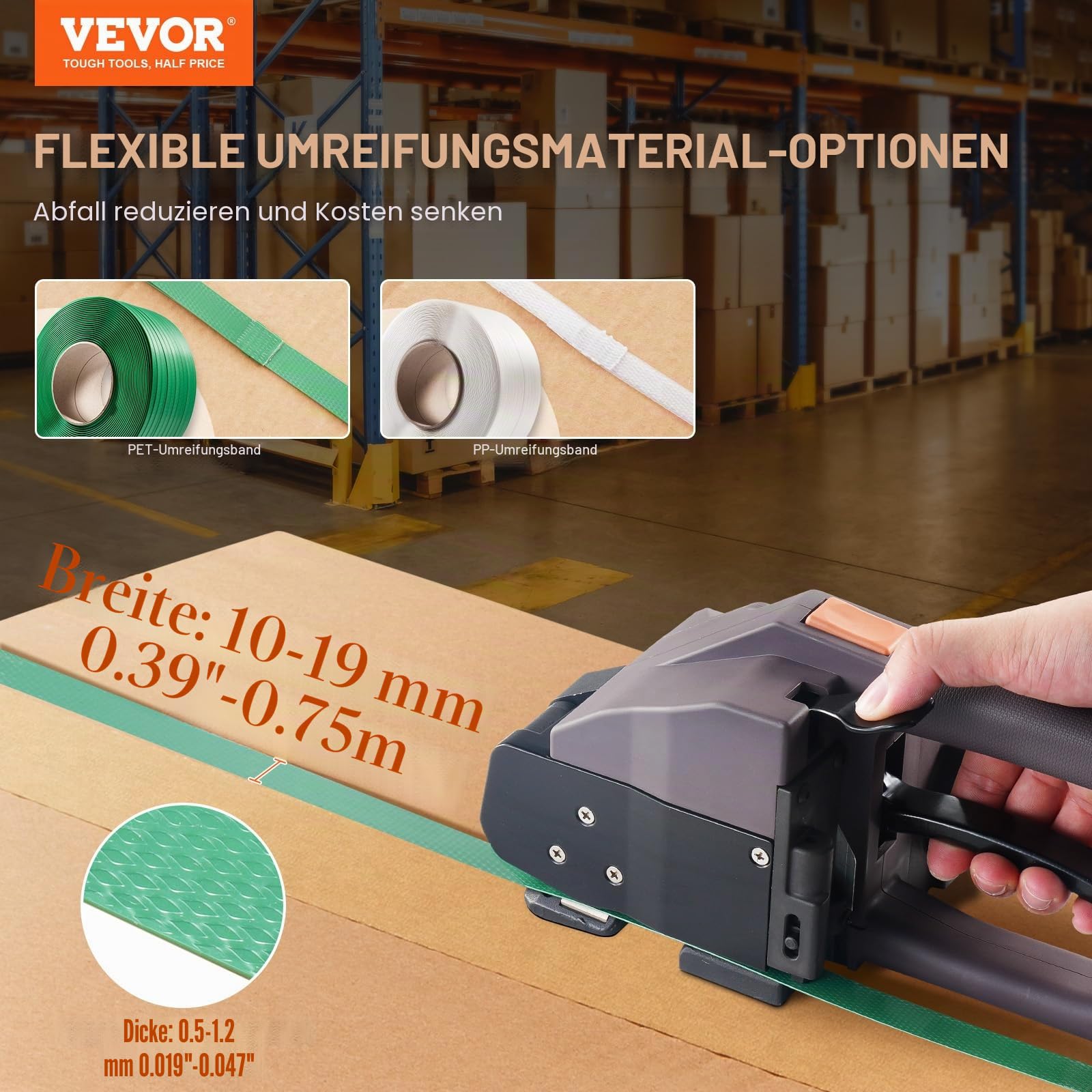 VEVOR Elektrische Umreifungsmaschine, für 1-2 cm PP-/PET-Bänder, elektrisches Umreifungsgerät mit Digitalanzeige, 2 x 4000 mAh batteriebetriebene Handumreifungsmaschine für Verpackungskartonpaletten