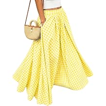 Womens Gingham Plaid Maxi Skirts Swing Flared Summer Long Skirt