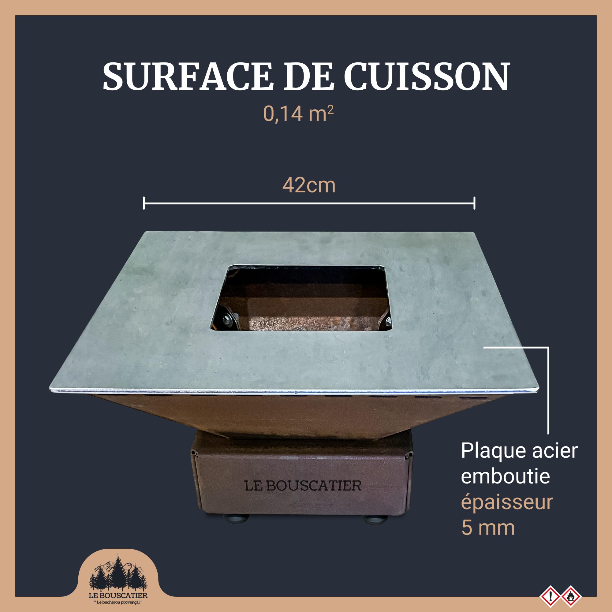 Brasero Plancha en Acier Corten – Barbecue Exterieur avec Rangement Bûches – Design Jardin Terrasse – Modèle Lou Pitchoun – Grille de Cuisson et Stop Food Inclus