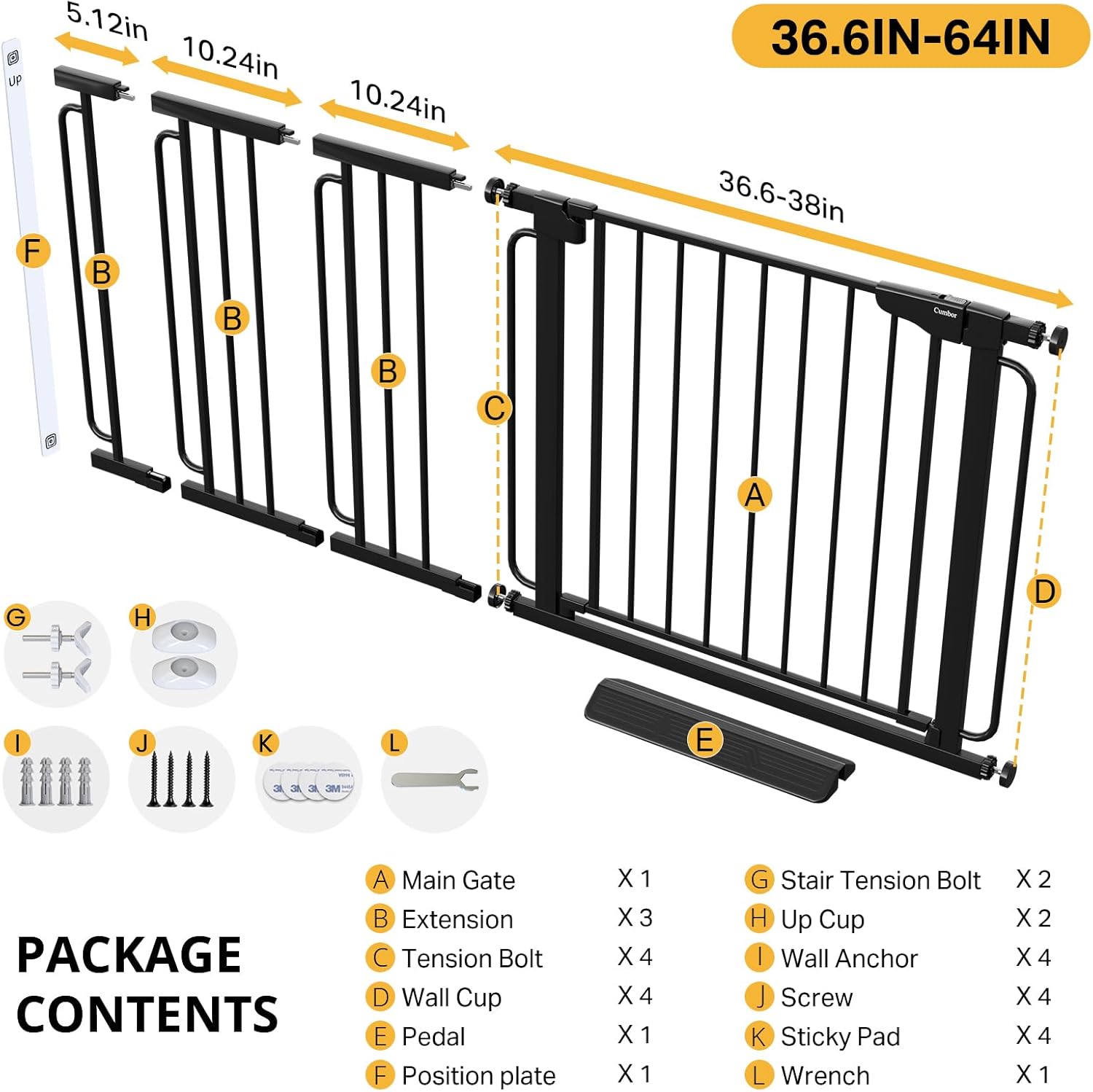 Cumbor 36.6-64 Extra Wide Baby Gate for Stairs, Dog Gates for Doorways, Auto-Close Pet Gate Indoor, Pressure Mounted Walk Through Safety Child Gate for Kids Toddler, Tall Pet Puppy Fence Gate, Black