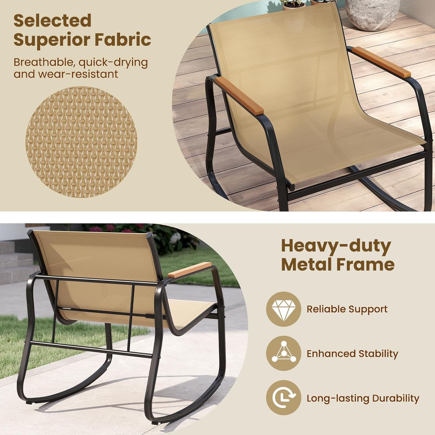 Tangkula 3 Piece Rocking Bistro Set Outdoor, Patio Rocking Chairs & Side Table with Storage Basket, Wood-Like Armrests & Metal Frame, Patio Furniture Set for Porch, Backyard, Lawn & Poolside