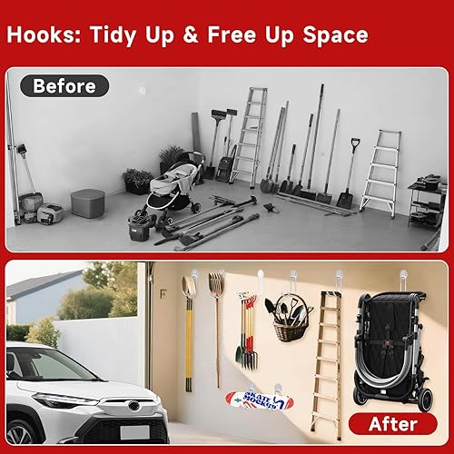 Miniatura 6 de Ganchos de garaje, paquete de 6, ganchos de almacenamiento de pared de acero resistente con revestimiento antideslizante, soporte de montaje en