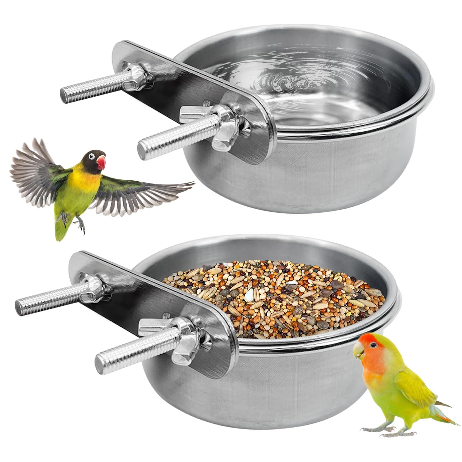 Kathson Stainless Steel Bird Bowl Parrot Food Water Bowls with Clamp Holder Bird Feeder Dish Cups Crate Bowls for Cockatiel Pigeons Conure Budgies African Greys 2 Pcs