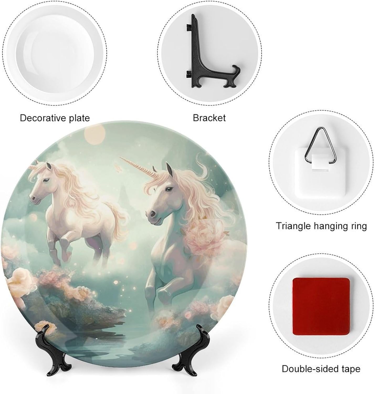 Two Horses in The Sky Bone China Decorative Plate with Display Stand, Ceramic Ornaments Plate for Wall Hanging, Personalized Porcelain Plates for Office, Living Room 8inch