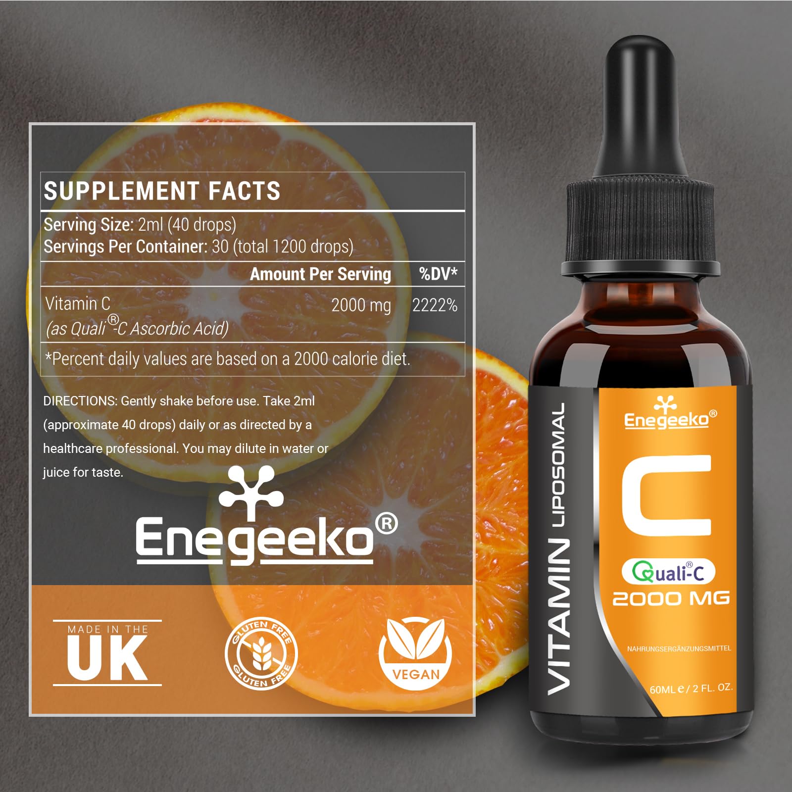 Liposomales Vitamin C 2000 mg mit Quali-C | Nicht GVO | pH-neutral | Vegan, Tropfen (60 ml (1er Pack))