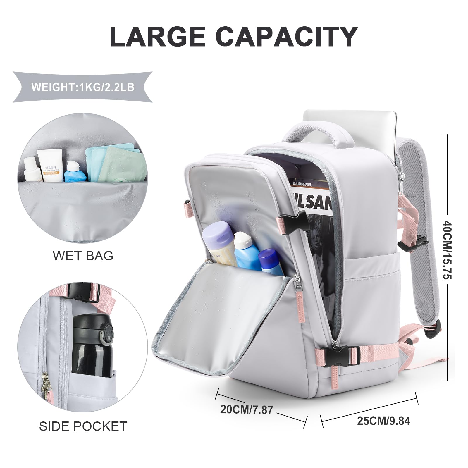 SZLX Zaino Ryanair 40x20x25 Bagaglio a Mano zaino Borse da Cabina per Easyjet 45x36x20 Zaino da Viaggio donna con porta ricarica USB, Borsa da Viaggio aereo Zaino Computer Impermeabile Casual Daypack
