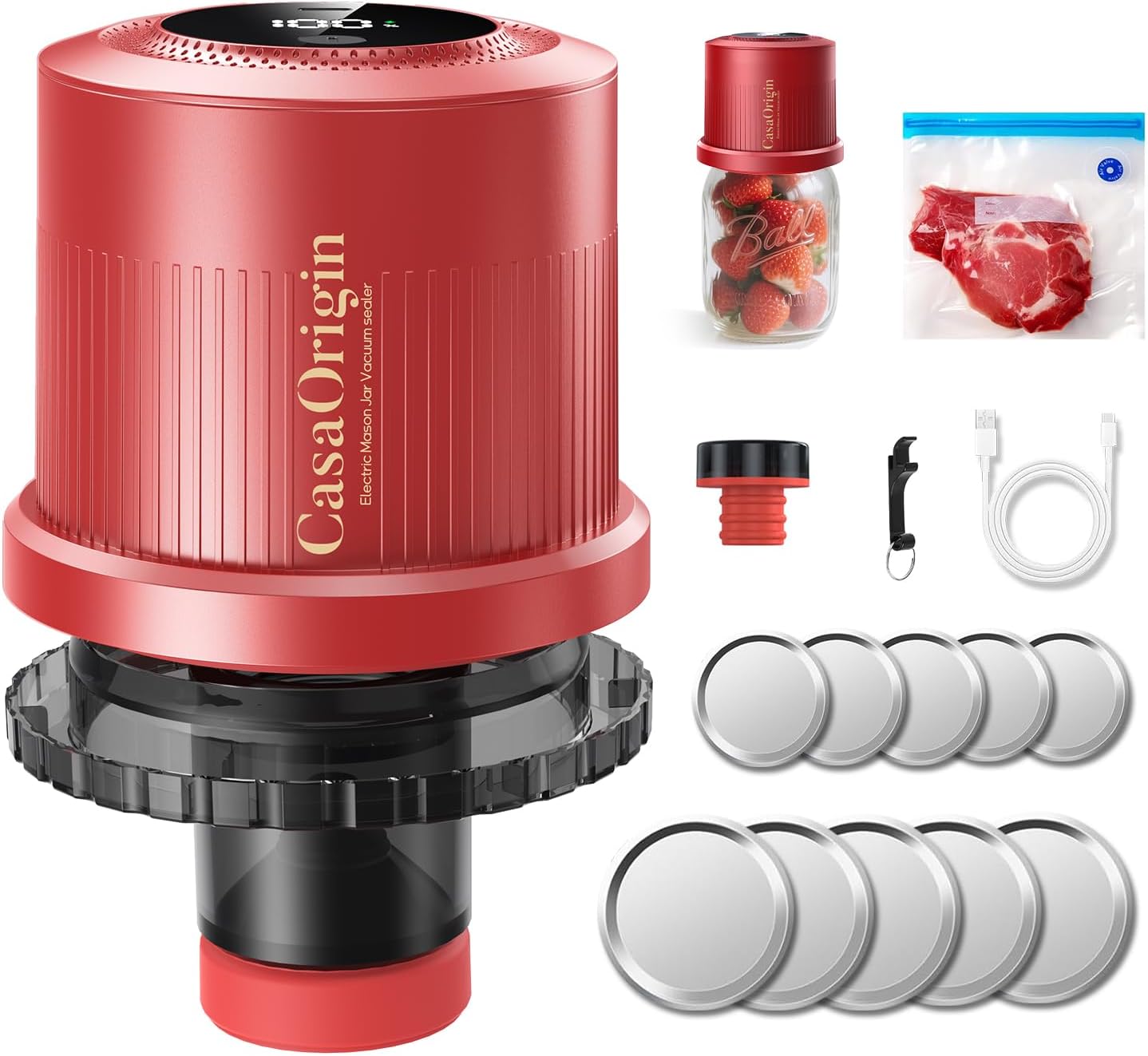 Electric Mason Jar Vacuum Sealer Kit for Wide & Regular Mouth Jars, Automatic Jar Sealer for Canning and Food Storage, Includes Lids & Vcuum Bags